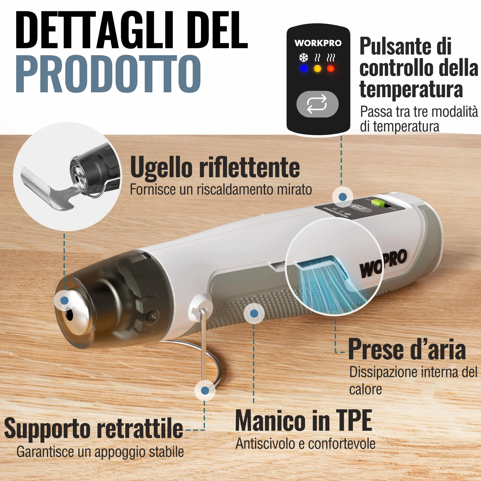 WORKPRO Pistola ad aria calda mini 8V con batteria 4000 mAh, 300℃/450℃, riscaldamento rapido in 30 s, con ugello riflettente e 50 guaine termorestringenti per fai-da-te, riparazioni e lavori creativi