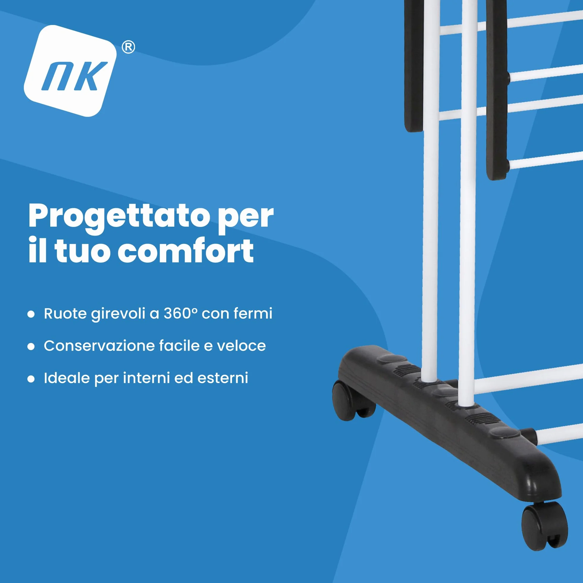 NK Stendino Verticale Salvaspazioa 4 Livelli - 6 Ripiani Retrattili + 2 Ali Laterali con Supporto per Grucce + Scarpiera, Ruote a 360°, Colore Nero e Bianco (19m di Biancheria)