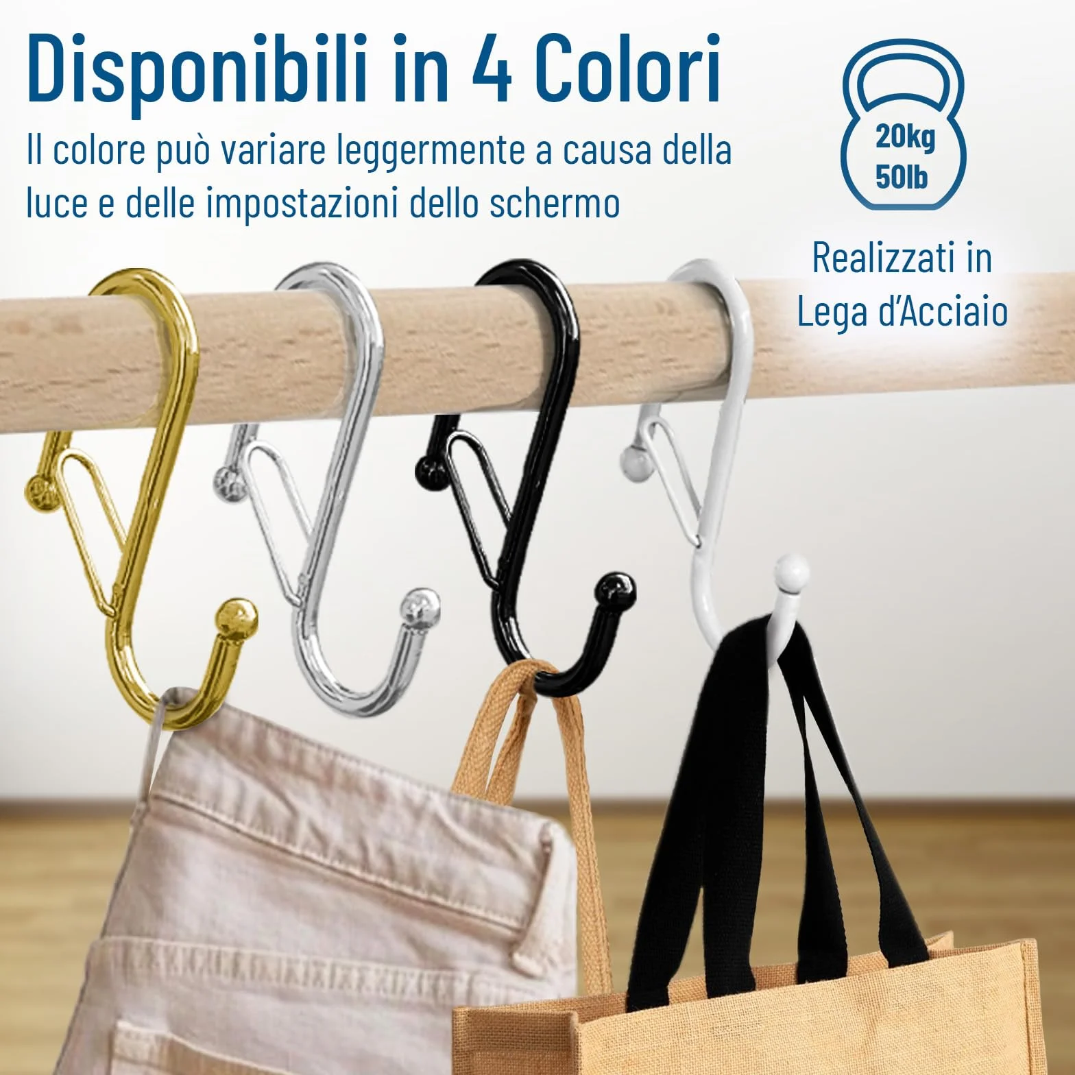 Ganci a S in Metallo con Sistema Anticaduta per Armadio, Argento, 1,5 cm