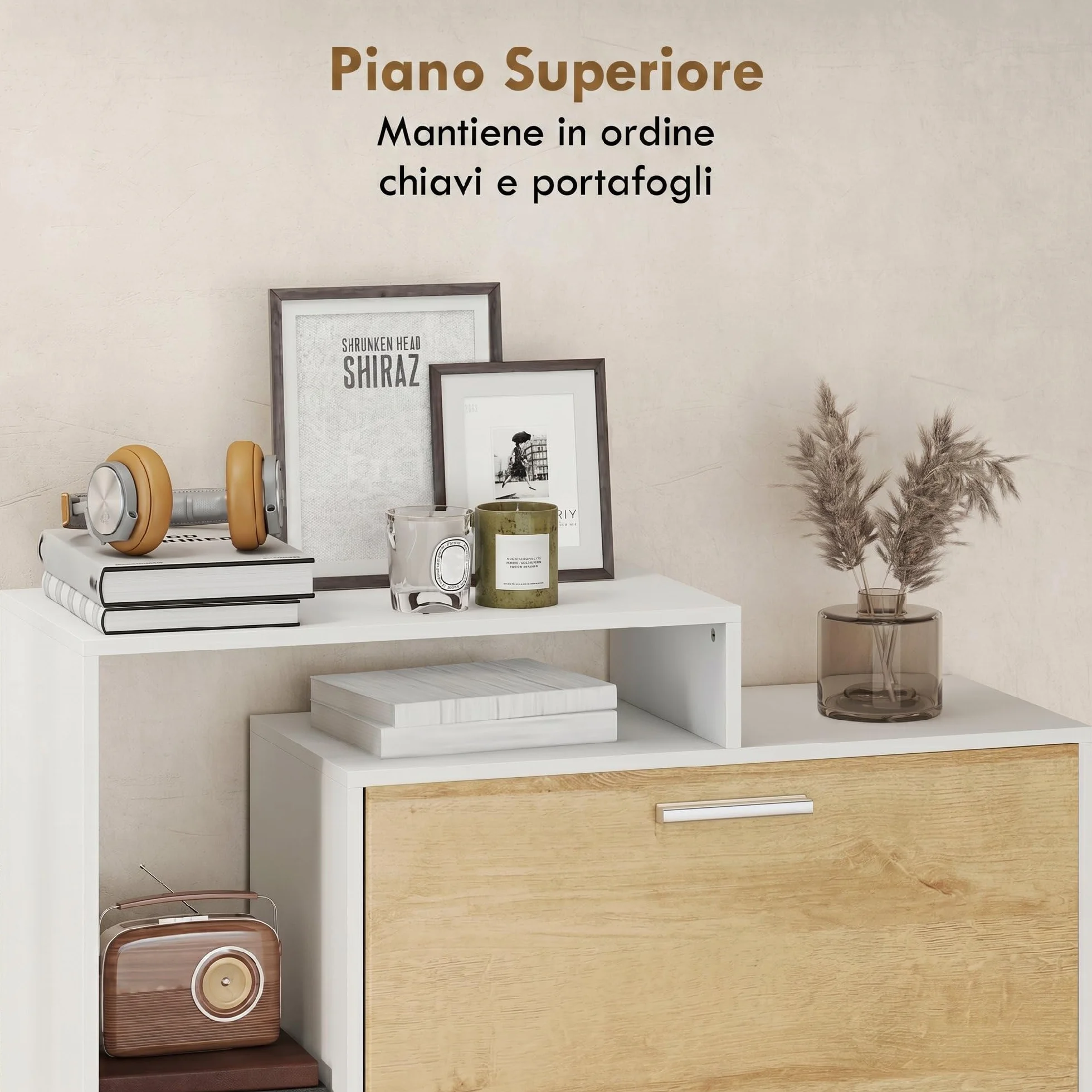 HOMCOM Scarpiera Salvaspazio Slim con 2 Ante a Ribalta, Scarpiera Ingresso con Ripiani Regolabili, 3 Ripiani Aperti, Porta Scarpe per 8 Paia in Legno con Maniglia, 80x26x90 cm, Bianco e Legno Naturale