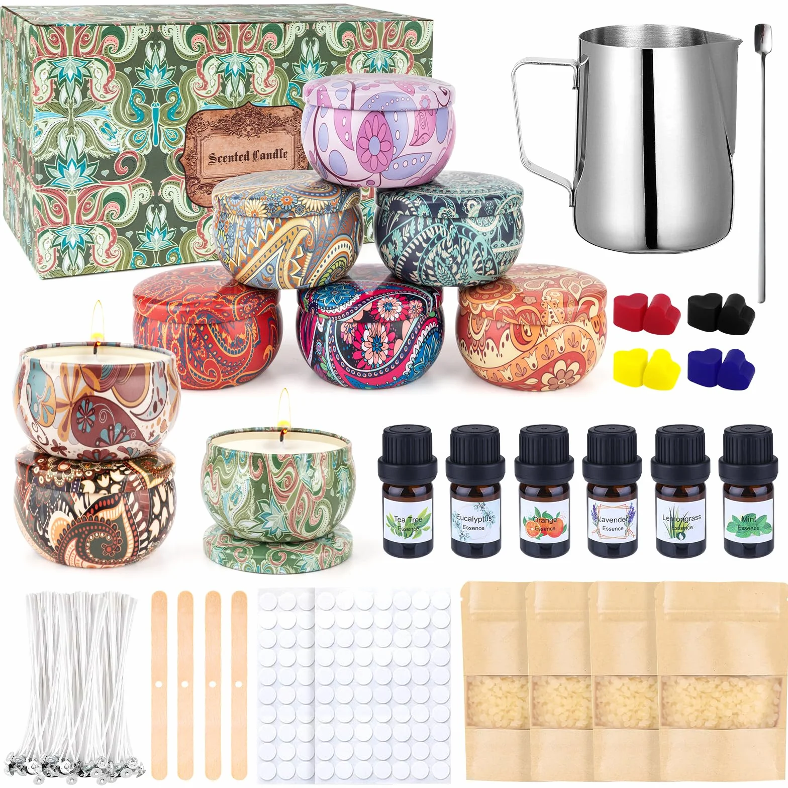 VICBAY Kit Candele Fai Da Te, Cera per Candele Fai Da Te, DIY Set Regalo per Candele, 480g Cera Soia, 9 Candele Barattoli, 6 Oli Profumati, 100 Stoppini, 112 Adesivi