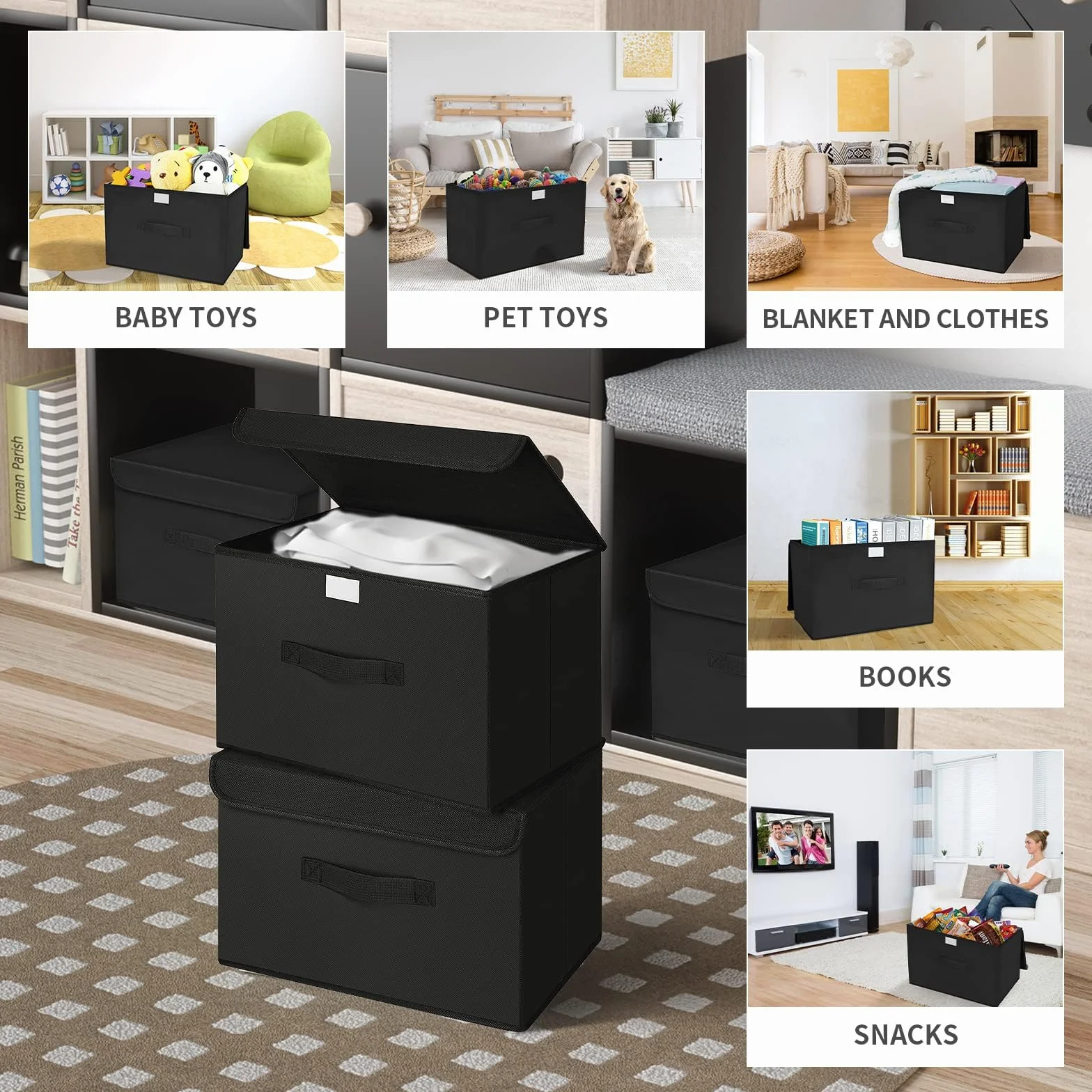 DIMJ Scatole per Armadio - Scatole Portaoggetti Contenitori con Coperchio Pieghevole, Scatola Porta Oggetti con Manici, Non Tessuto, per Armadio, Scaffali, 2 Pezzi, Nero, 38 x 25 x 25 cm