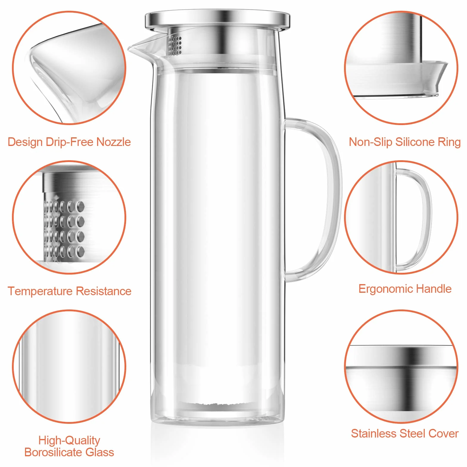 Caraffa 1.5L in Vetro Borosilicato Trasparente Resistente al Calore con Coperchio