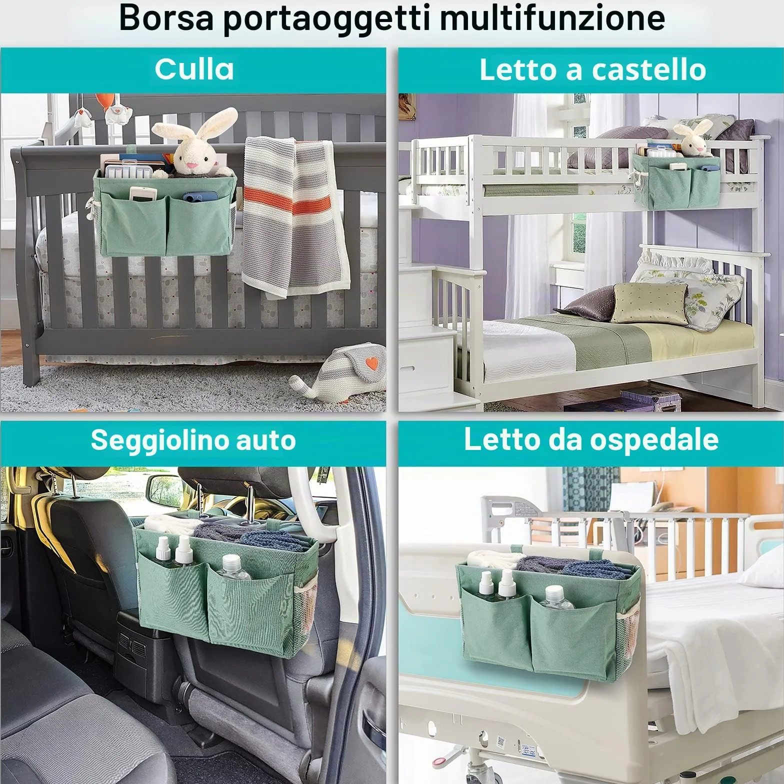 IGNPION Cestini portaoggetti da appendere al comodino in tela, tasche regolabili, organizer multiuso, verde