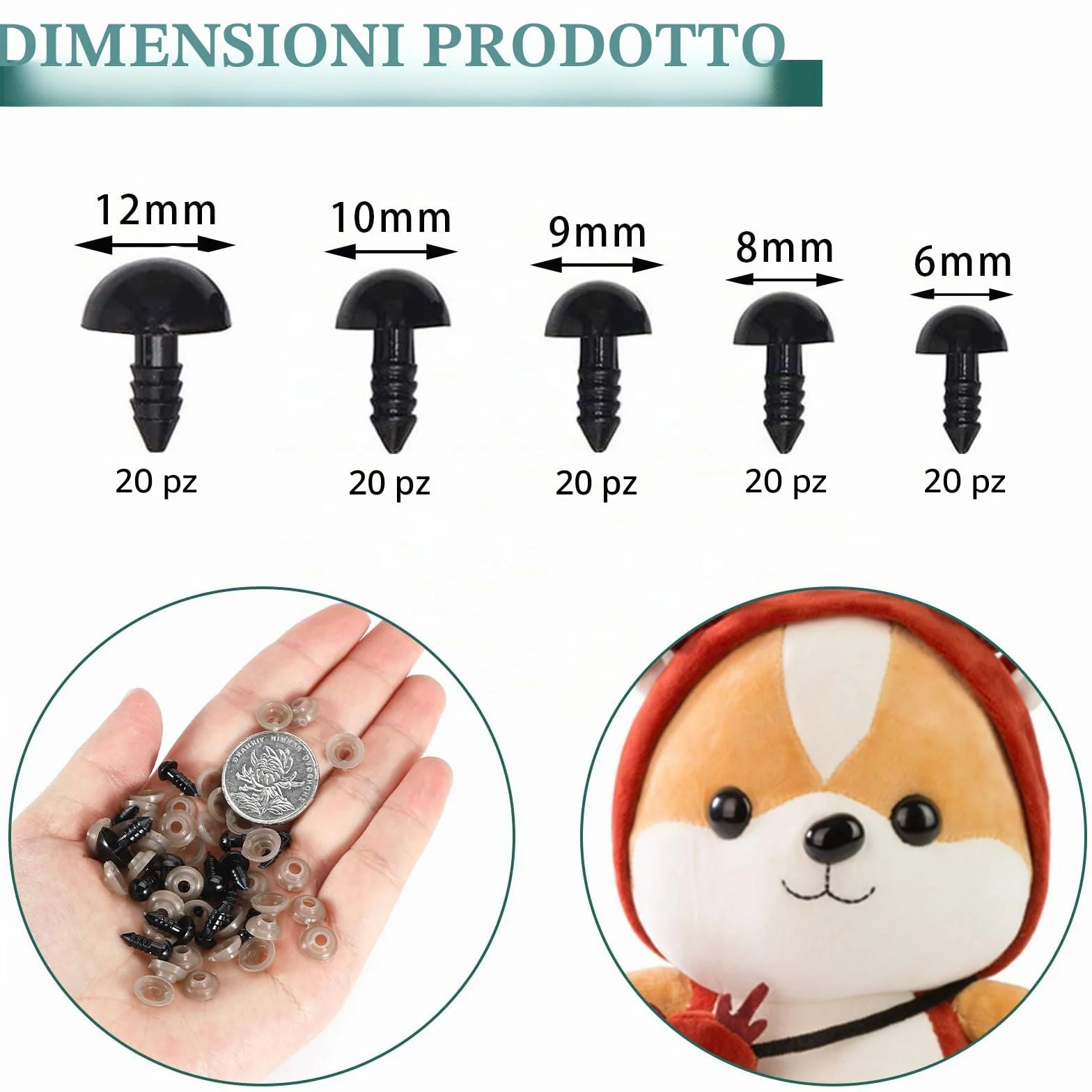 PAEFIU 100 Pezzi Occhi Amigurumi, 6/8/9/10/12mm Occhi di Sicurezza per Amigurumi con Rondelle, Occhi per Pupazzi per Peluche Bambola Fai da Te-con Scatola