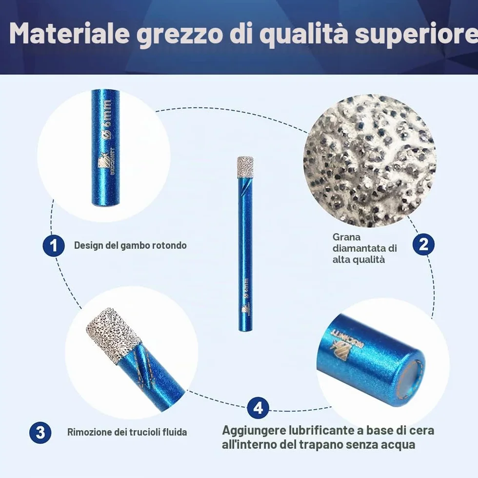 Set di 5 punte diamantate per piastrelle da 6 mm – taglio diamantato – sega a tazza per ceramica, granito, porcellana, piastrelle, gres porcellanato, muratura, marmo, muratura.