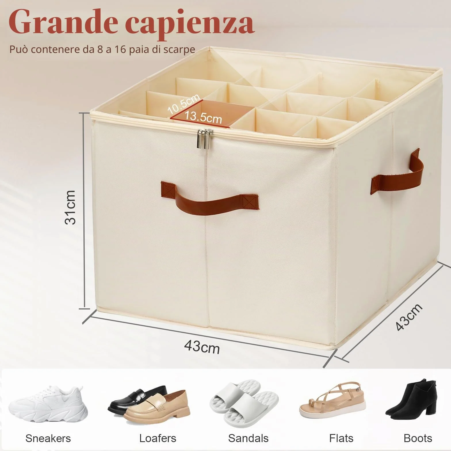 Organizer per Scarpe per 16 Paia, Grande Scatola per Scarpe Contenitore con Scomparti Regolabili, Pieghevole Risparmio Spazio Scatole per Scarpe (Beige)