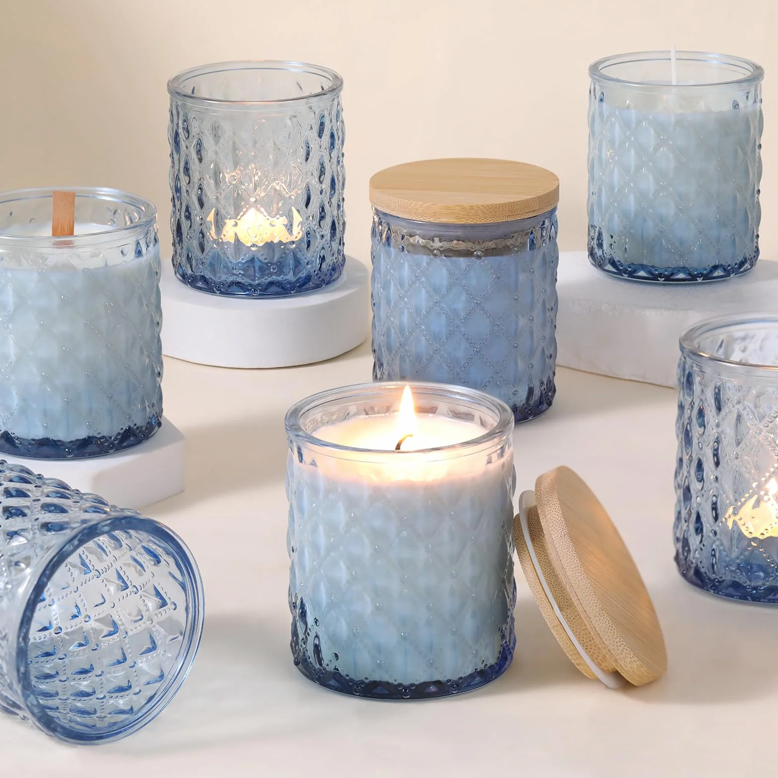 LETINE Set di 6 barattoli in vetro blu da 200 ml con coperchio, portacandele da riempire, portacandele per la produzione di candele, adesivi per stoppini di candela, etichette per candele, stoppino