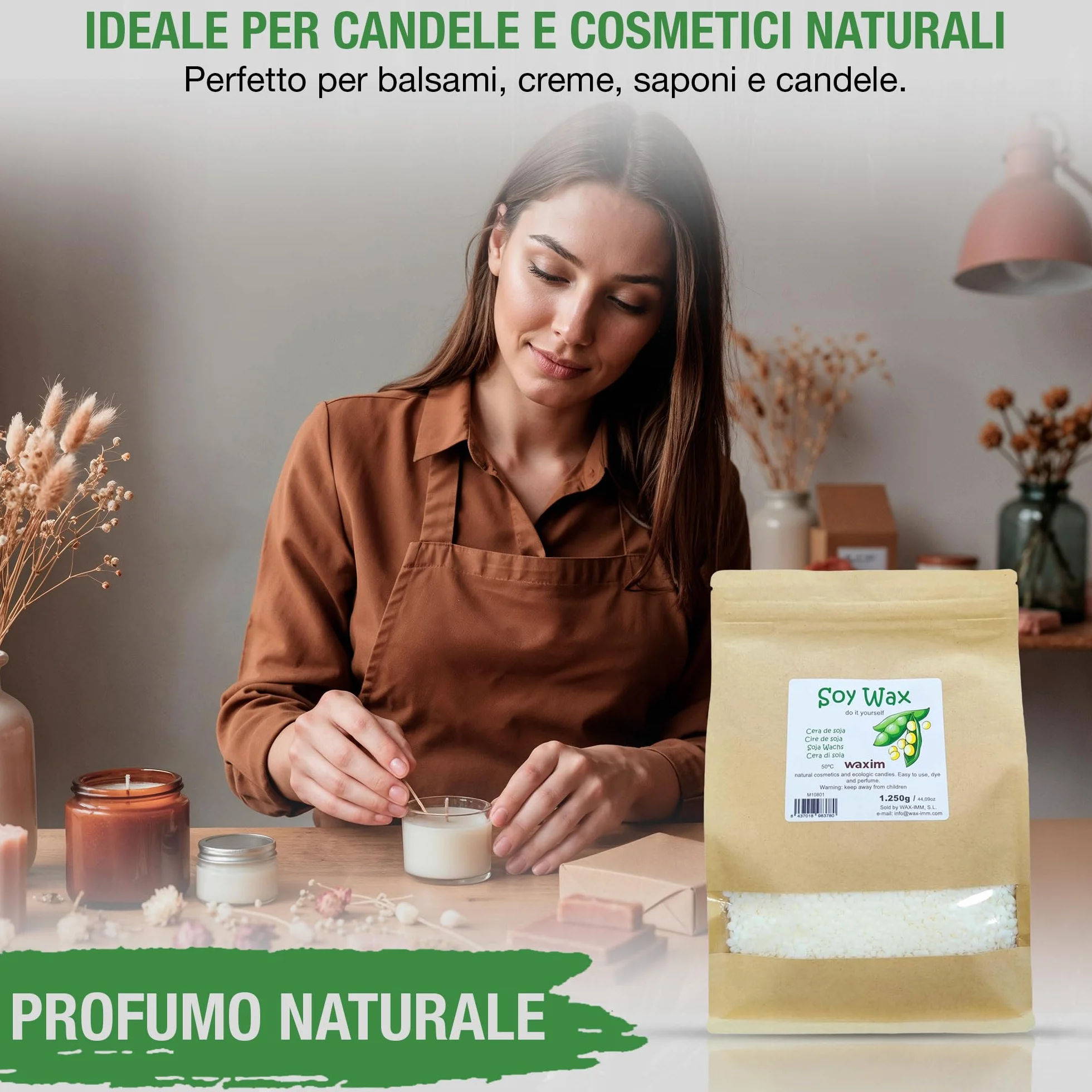 Cera di soia WAXIM per candele in perle | Cera di soia naturale, cera per realizzare candele fatte in casa e profumate 1250 g | A base vegetale in contenitori | Fusione uniforme