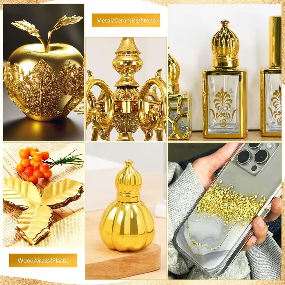 Set Adesivi per Doratura a Foglia D'oro,Colla per Foglia Oro,100ml Colla a Base D'acqua e 100ml Vernice Protettiva,100 Fogli Foglia Oro,2 Pennelli,1 Pince,per Mestieri,Dipinti,Arte