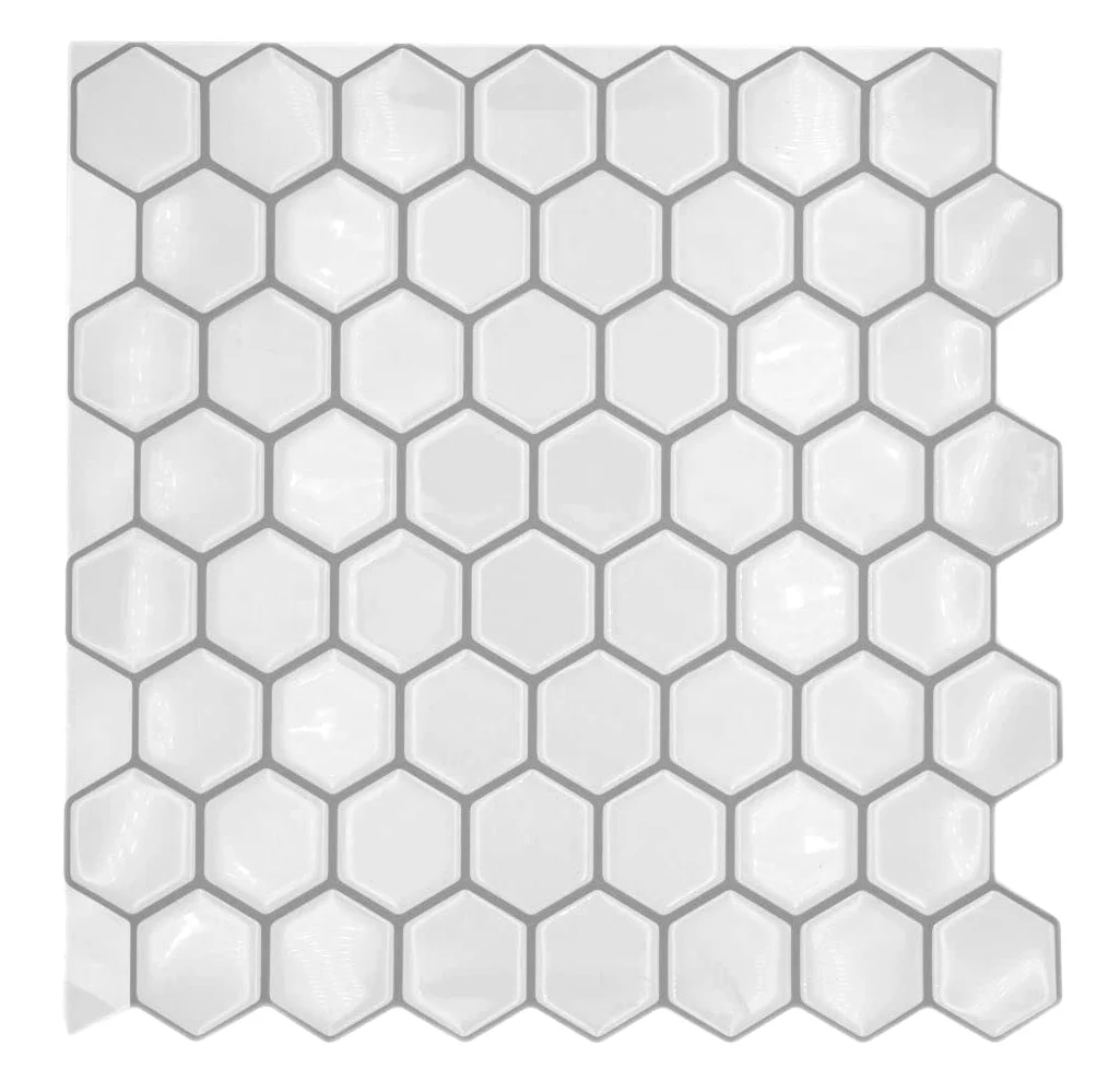 Pellicola autoadesiva a mosaico in vinile, effetto esagonale, colore bianco, 10 tappetini a mosaico