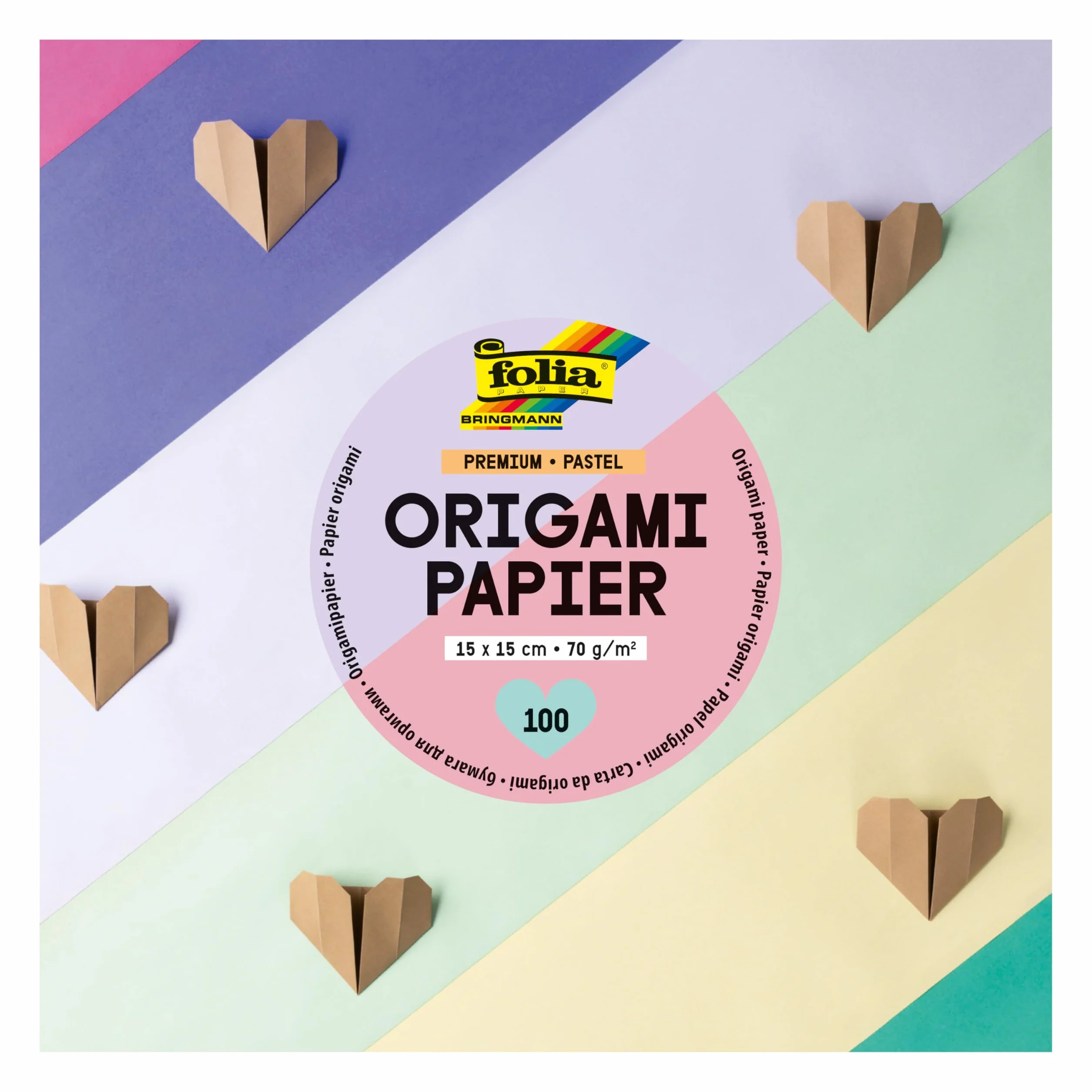 folia 89915 - Fogli Pieghevoli Premium 70g/m², Pastell, 15 x 15 cm, 100 Fogli in 10 Colori Diversi, per Creare, abbellire e Decorare