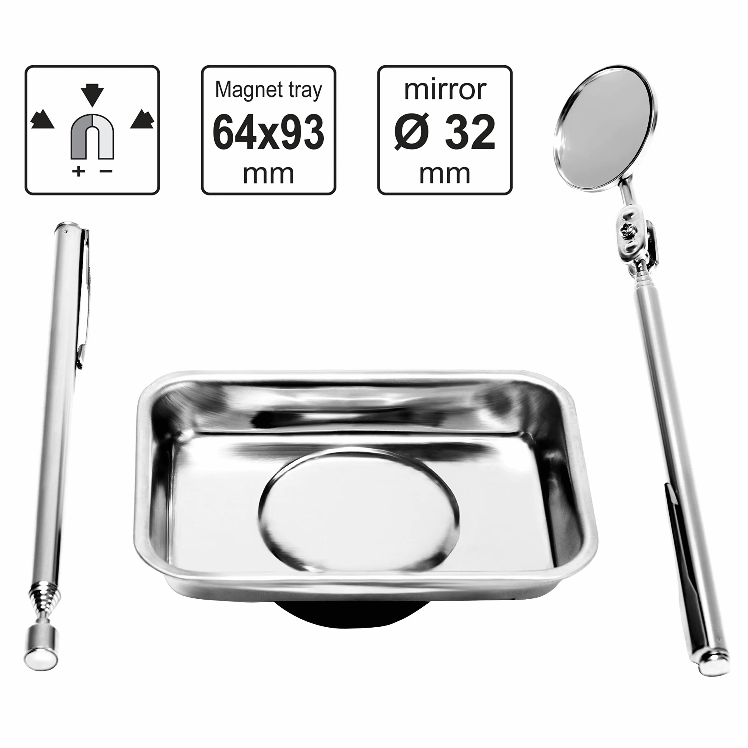 S&R Vaschetta Magnetica 64x93mm + Penna Magnetica telescopica fino a 625 mm + Specchio flessibile Ø 32 mm estendibile fino a 460 mm. Kit di magneti cerca viti