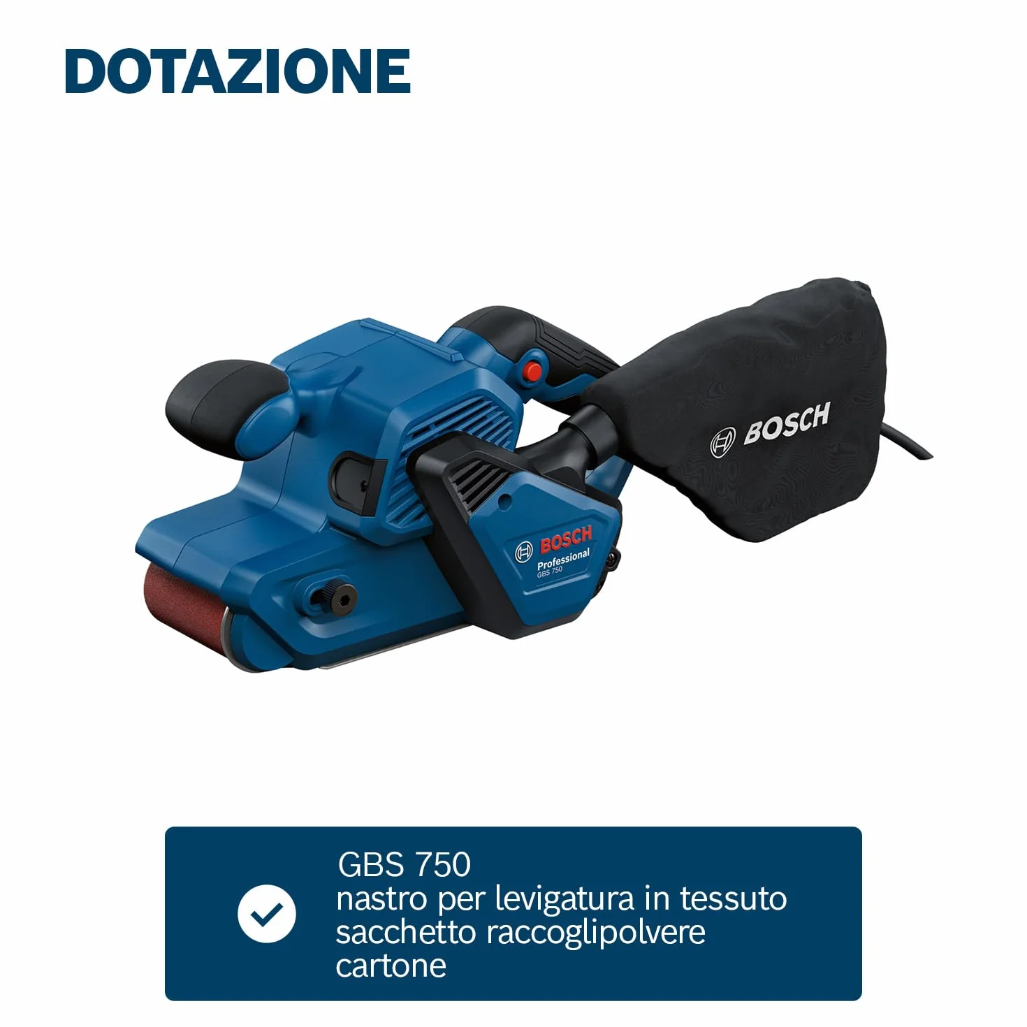 Bosch Professional Levigatrice a nastro GBS 750 (motore da 850 W, incl. nastro per levigatura in tessuto, sacchetto raccoglipolvere)