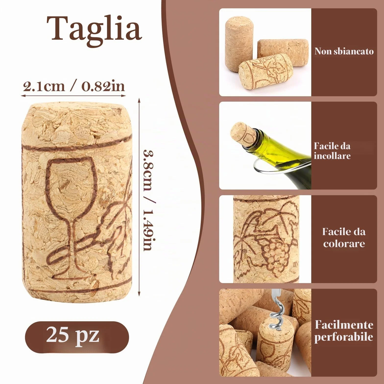 Tappi di Sughero per Bottiglie di Vino, 25 Pezzi, Sughero Naturale Riutilizzabile per Vino e Decorazioni