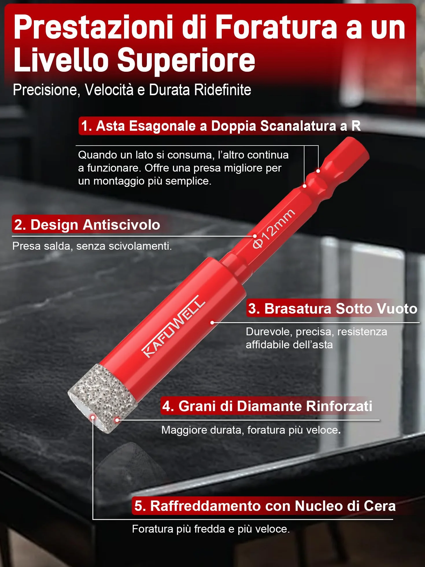 6pz Punte Trapano Diamantate per Gres Porcellanato, 5-12mm Punte Diamante, 6mm CarbidePunte, gambo esagonale, per Ceramica, Quarzo, Vetro, Granito, Mattone, Marmo, Porcellana, Gres Fine