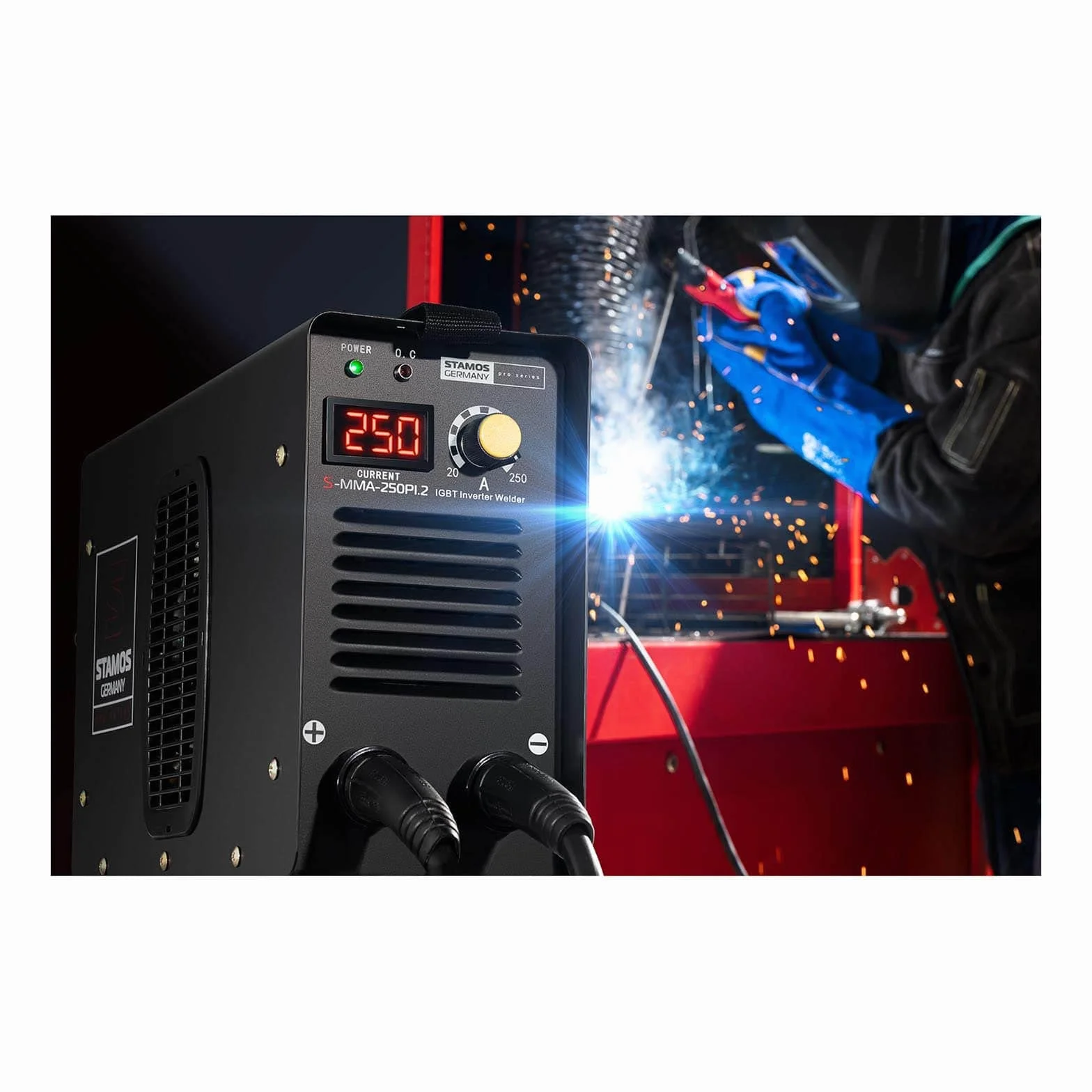 Stamos Germany S-MMA-250PI.2 Saldatrice Inverter Elettrodo Professionale (250 A, Cavo 8 m, Hot Start, Display Led, IGBT, Accessori Inclusi) Pro Series