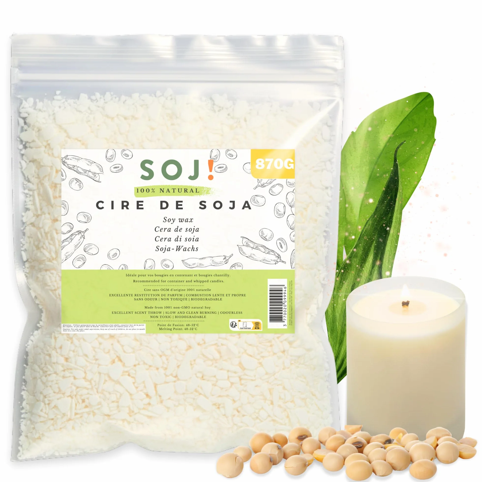 Soj! - Cera per candele - Cera di soia vegetale per la creazione/DIY di candele, riempimento candele | Qualità superiore | 1KG (870G - Fiocchi)