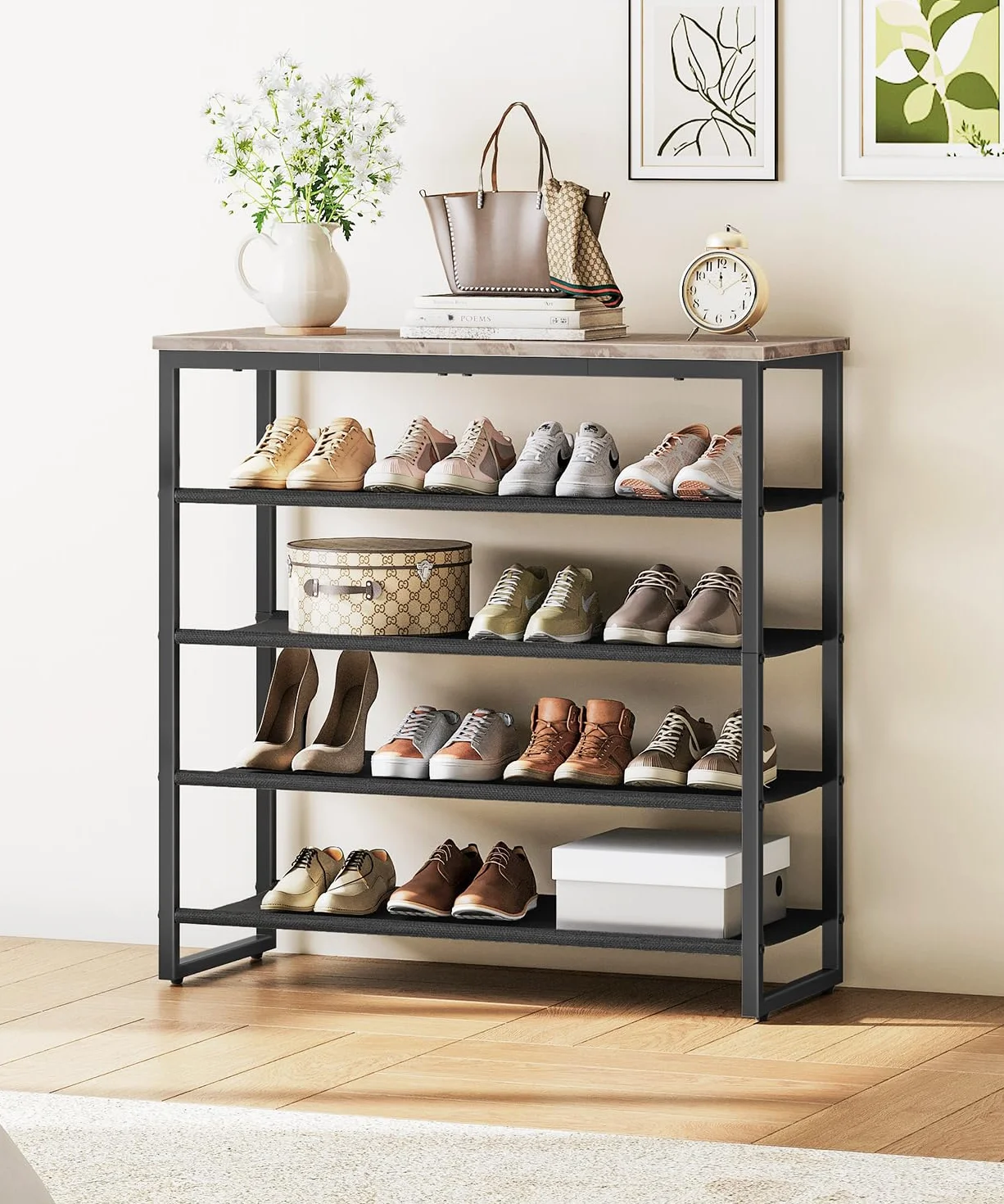 HOOBRO Scarpiera a 5 Ripiani, Scaffale Portascarpe, Organizzatore per 16-20 Paia di Scarpe con 4 Ripiani in Tessuto Oxford e Piano, per Ingresso e Armadio, Stile Industriale, Grigio Talpa EBG50XJ01