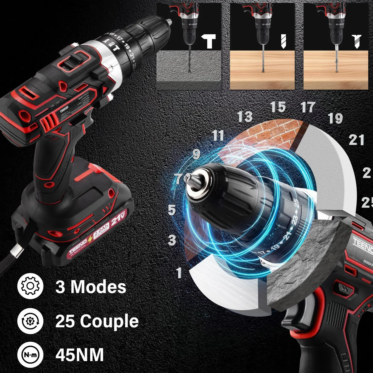 TEENO Trapano a Percussione a Batteria 21V, 45 Nm Avvitatore a batteria con spazzole,Compatibile con le Makita 2 batterie 2,0 Ah, 25+3 Impostazioni di Coppia,3 spazzole per la pulizia,2 Velocità, LED