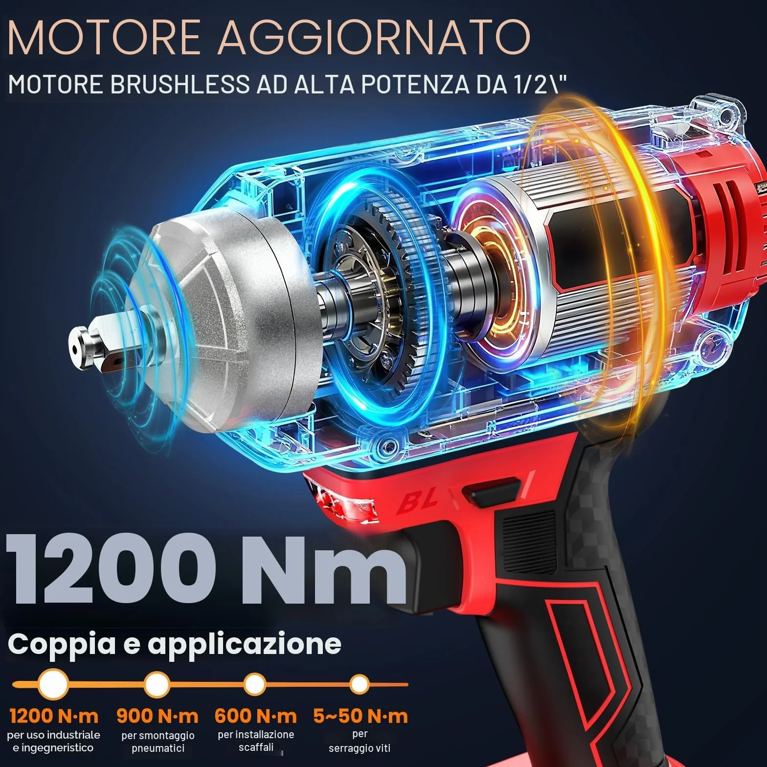 Avvitatore a Impulsi a Batteria 3-in-1, Impact Driver/Trapano a Percussione 1200Nm 1/2" Brushless, 2×4.0Ah