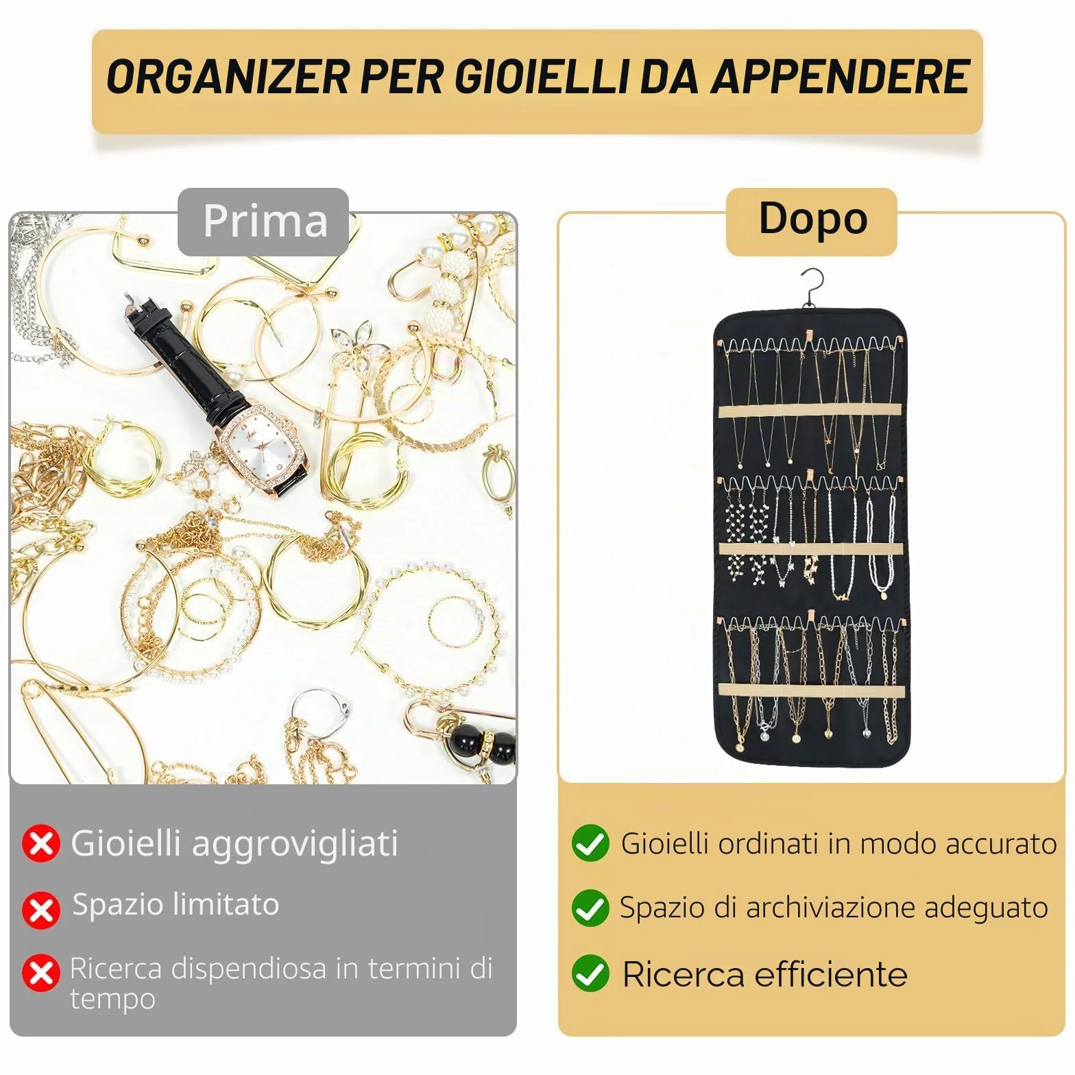 Oudizz Hanging Jewelry Organizer per Armadio - Collana Earring Holder con Coperchio Antipolvere e Gancio Rotante in Metallo - Jewelry Storage Display Stand, Grande, Nero