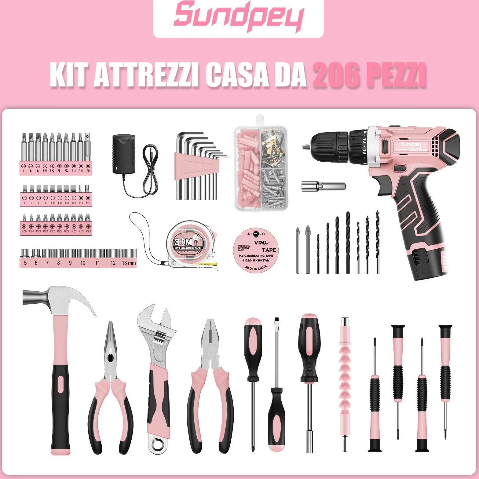 Trapano Avvitatore Batteria 12V - Sundpey Cassetta Attrezzi Completa 206 Pezzi con Trapano a Percussione, Set Attrezzi da Lavoro con Set Completo di Punte per la Decorazione Della Casa Rose