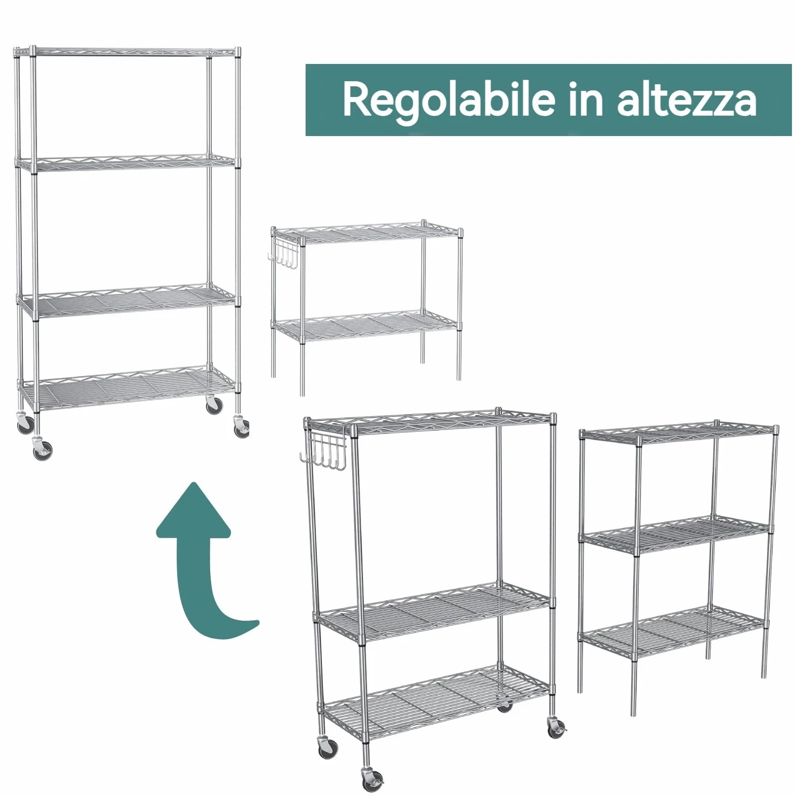 Himimi Scaffale in Filo Metallico a 6 Livelli con Ruote, Regolabile in Altezza, Scaffale in Piedi Resistente con Gancio per Bagno Cucina Garage Camera da Letto Argento