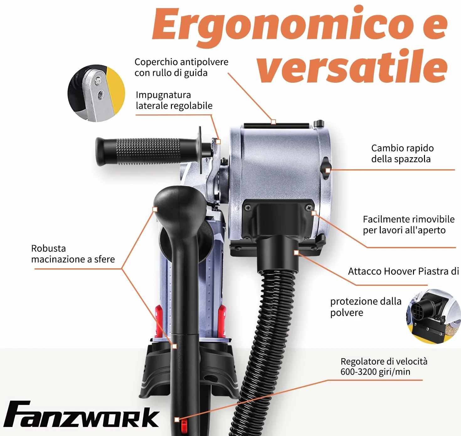 FANZWORK V2 1500 Watt Spazzolatrice per Legno Smerigliatrice per Superfici con Controllo Velocità