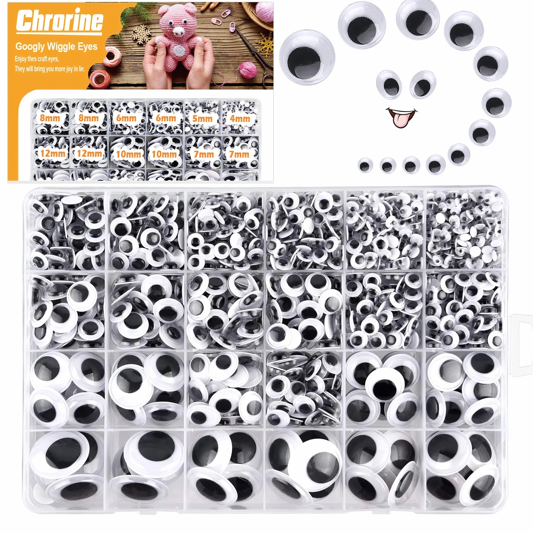 CHRORINE 1860 Pezzi Occhietti adesivi di Plastica,Occhi per Pupazzi Mulit per Decorazioni Fai da Te Scrapbooking (Bianco e nero)