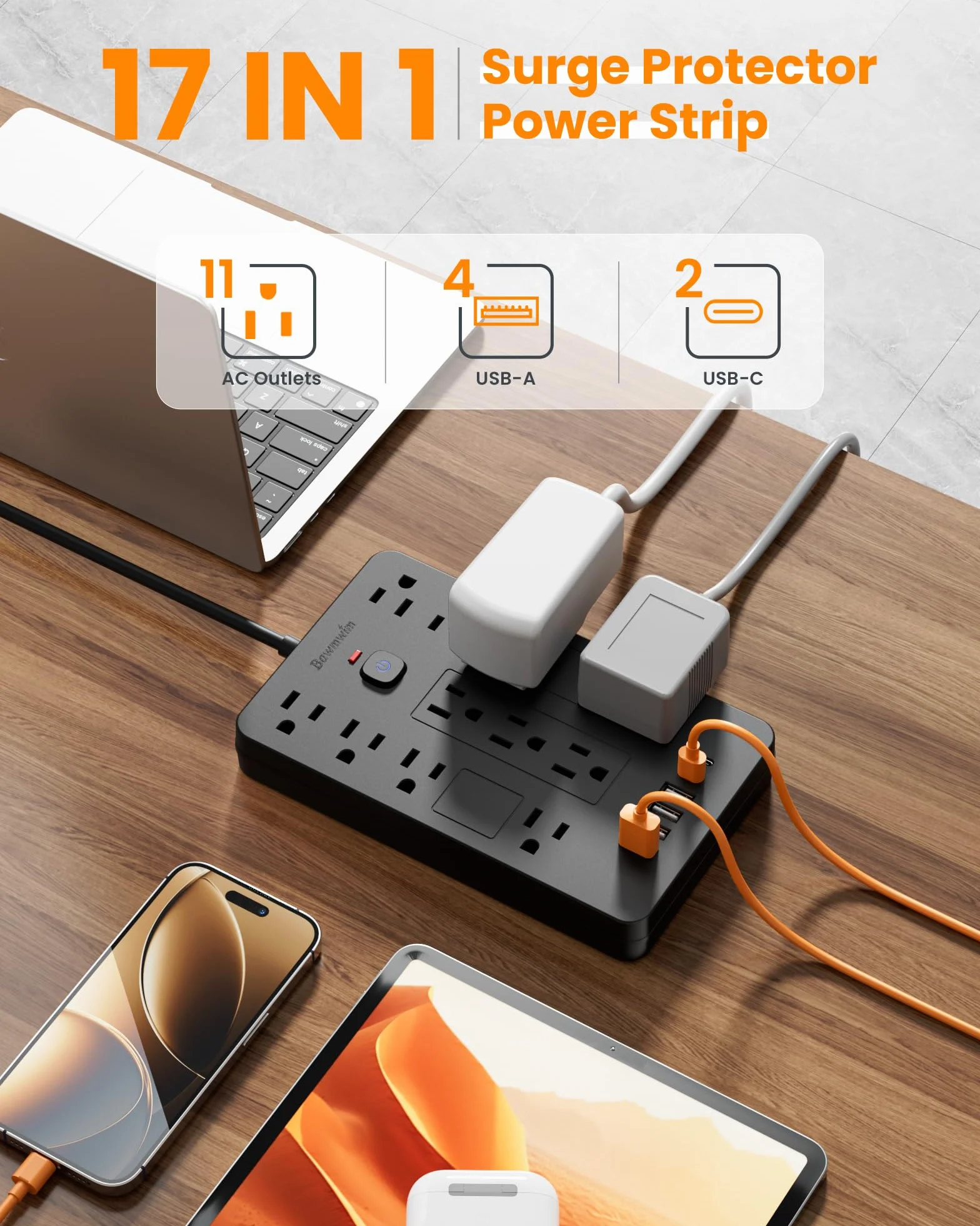 Ciabatta con protezione contro le sovratensioni, 11 prese (1850 W/15 A) con 6 porte USB (2 USB C), cavo di prolunga piatto da 1,8 m, montaggio a parete, nero