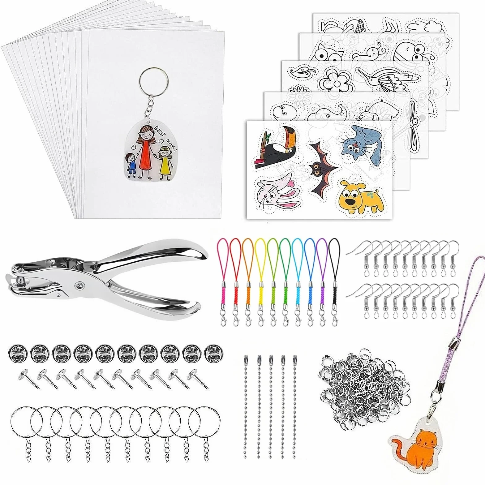 198 Pezzi Plastica Termoretraibile Kit, Shrink Plastic Kit con Perforatore, Matite, Portachiavi, Spille, Ganci Orecchini, Foglio Termoretraibile Fogli Plastica Retrattile, Shrinky Dink Paper per DIY