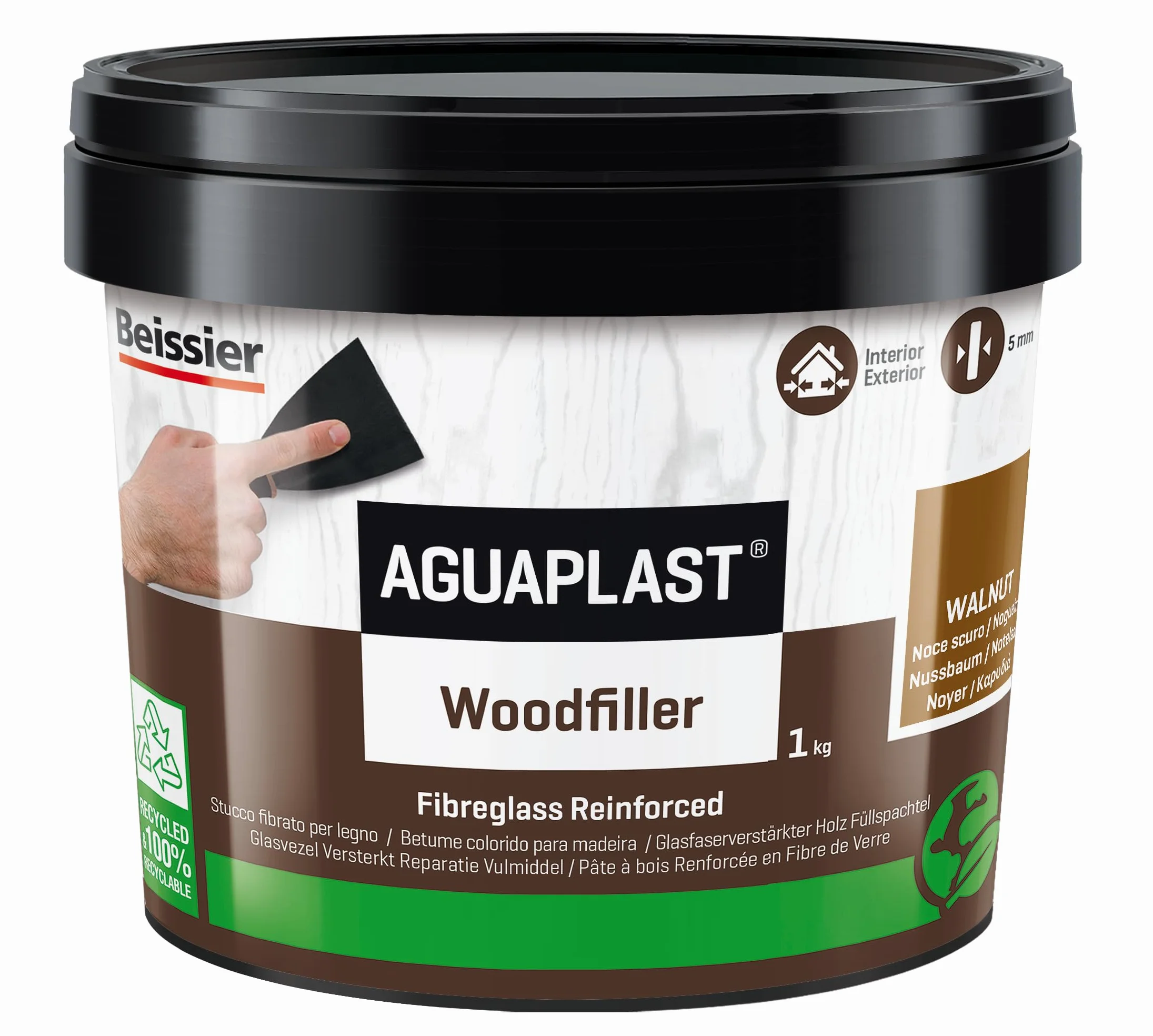 Stucco per Legno Pronto all’Uso – Aguaplast Woodfiller Colore Noce Scuro 1 kg - Fibrorinforzato – Riempitivo per Buchi e Crepe su Mobili, Infissi e Pavimenti – Verniciabile Senza Fondo
