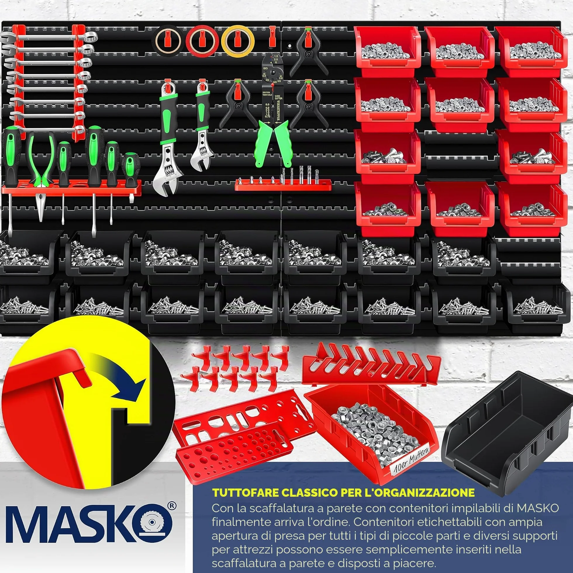 Masko® Scaffale da parete + Scatole impilabili + Portautensili, Espandibile, Scaffale da officina, Scatole portaoggetti visibili, 45 Parti - Nero/Rosso