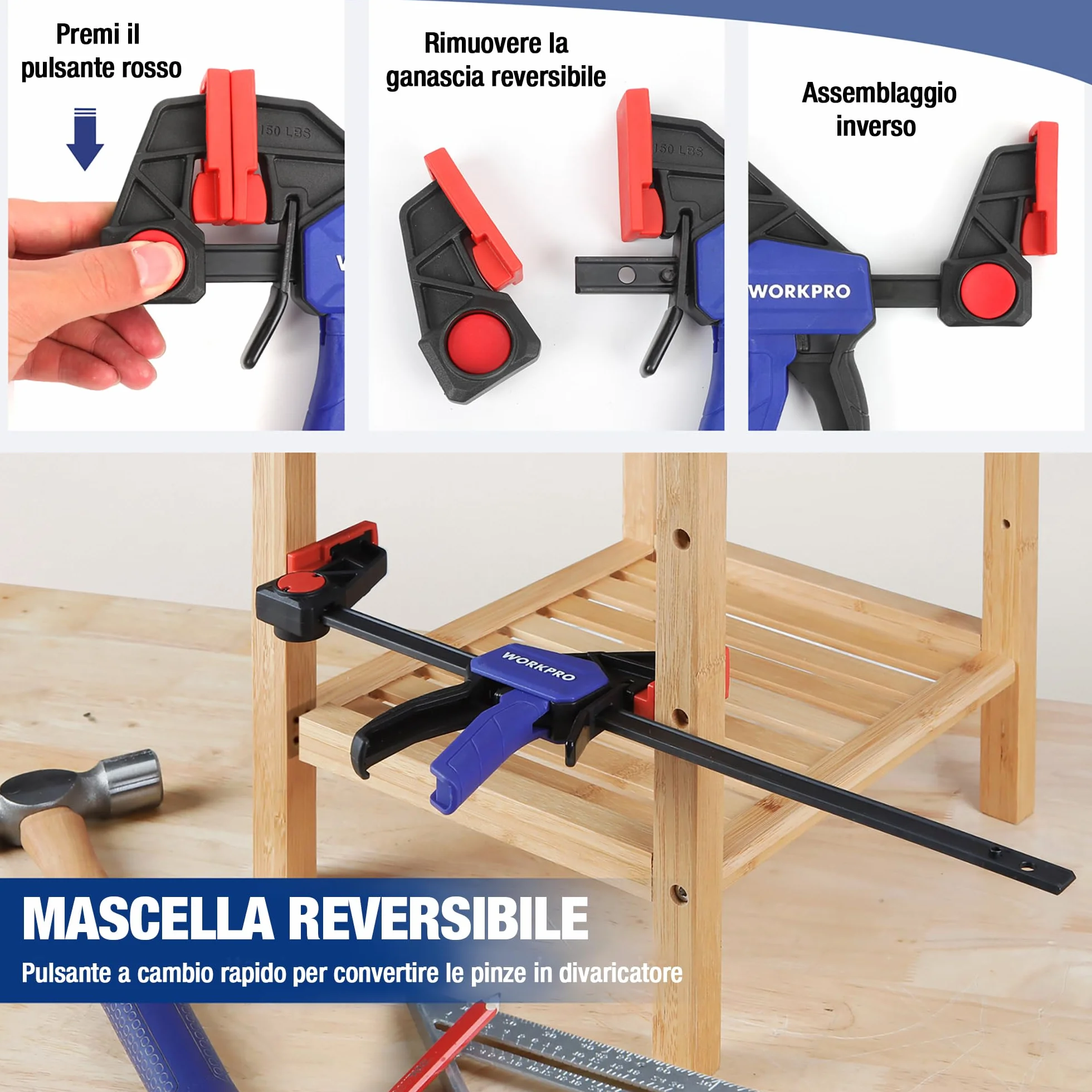 WORKPRO Morsetti da Falegname 2 Pezzi, Set di Morsetti per Legno a sgancio rapido da 305 mm per il Serraggio e l'allungamento, Morsetti a barra Serraggio 68 kg, Fissaggio del Legno con una Sola Mano