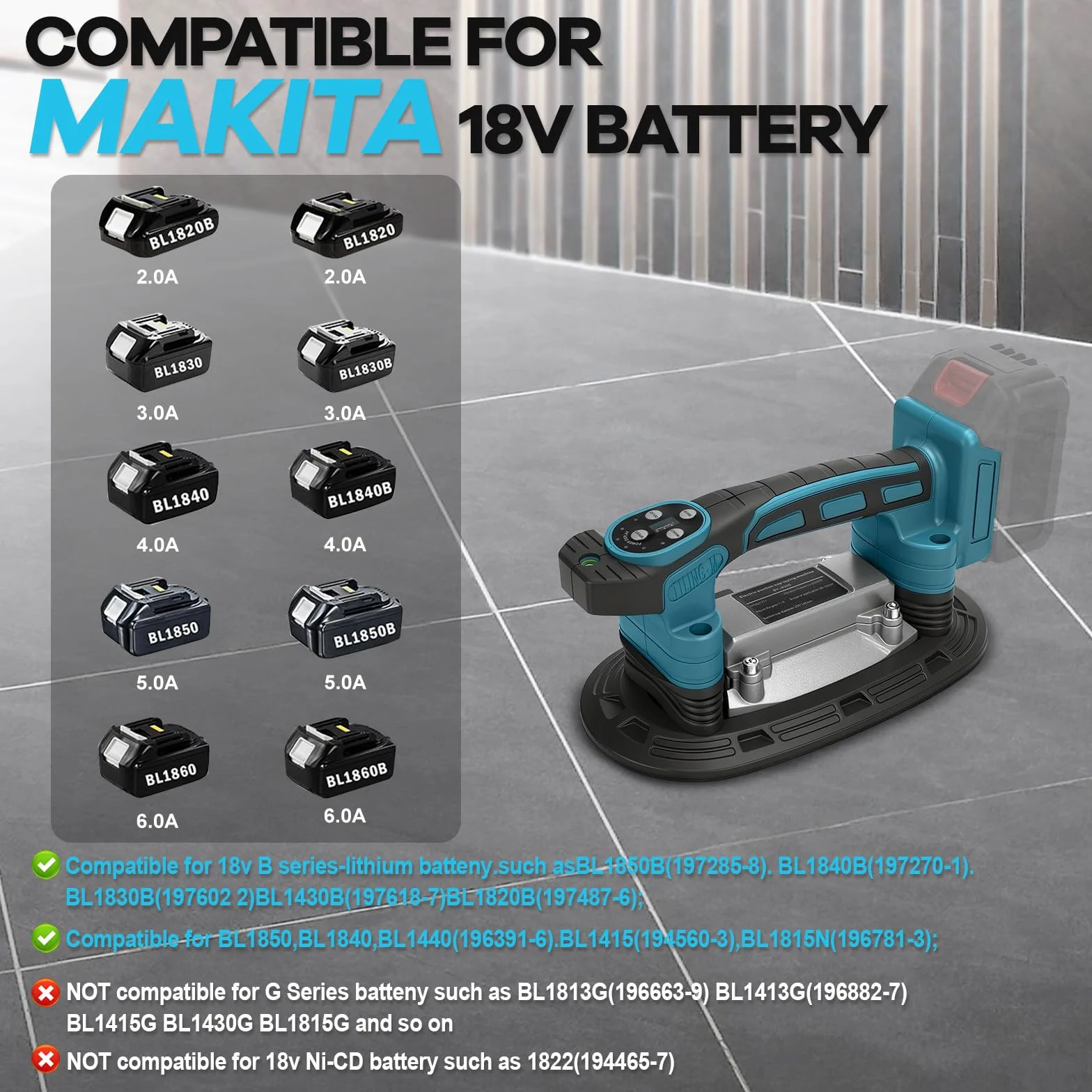 Macchina vibrante per piastrelle compatibile con batteria Makita da 18 V (senza batteria), piastrellatrice con 9 velocità regolabili, ventosa ingrandita e adsorbimento da 100 kg per posa di piastrelle