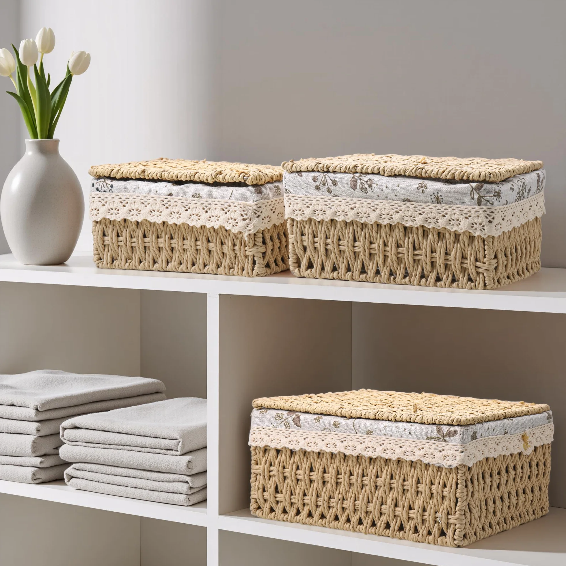 Starvortex Set di 3 Cestino Portaoggetti con Coperchio, Cestini Vimini Intrecciato a Mano, Cestini Lavabili con Fodera Rimovibile, Cestino Organizzazione per Cucina, Bagno