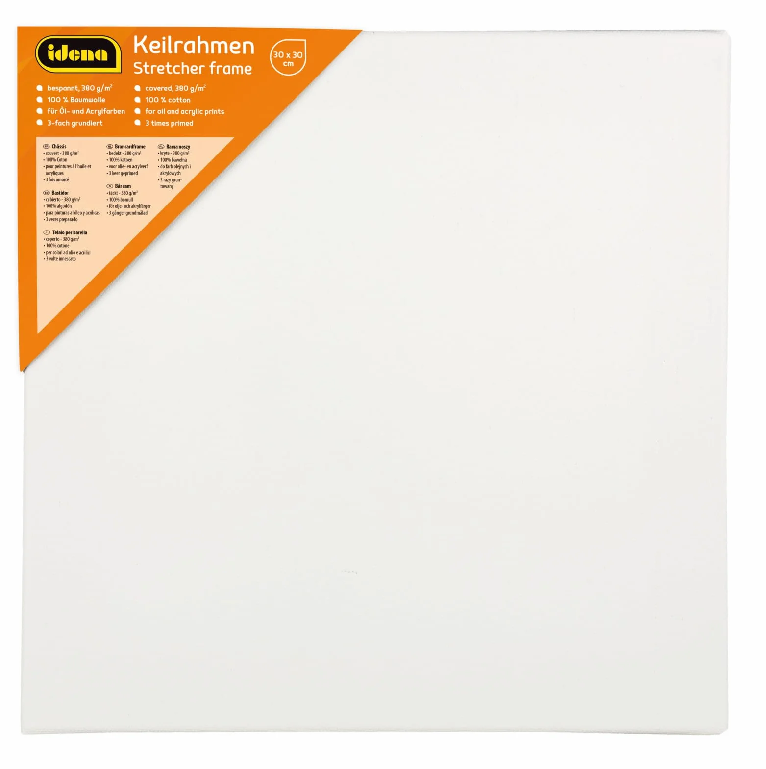 Idena 60031 - Telaio per barella con tela in 100% cotone, grammatura 380 g/m², per colori ad olio e acrilici, circa 30 x 30 cm grande, bianco