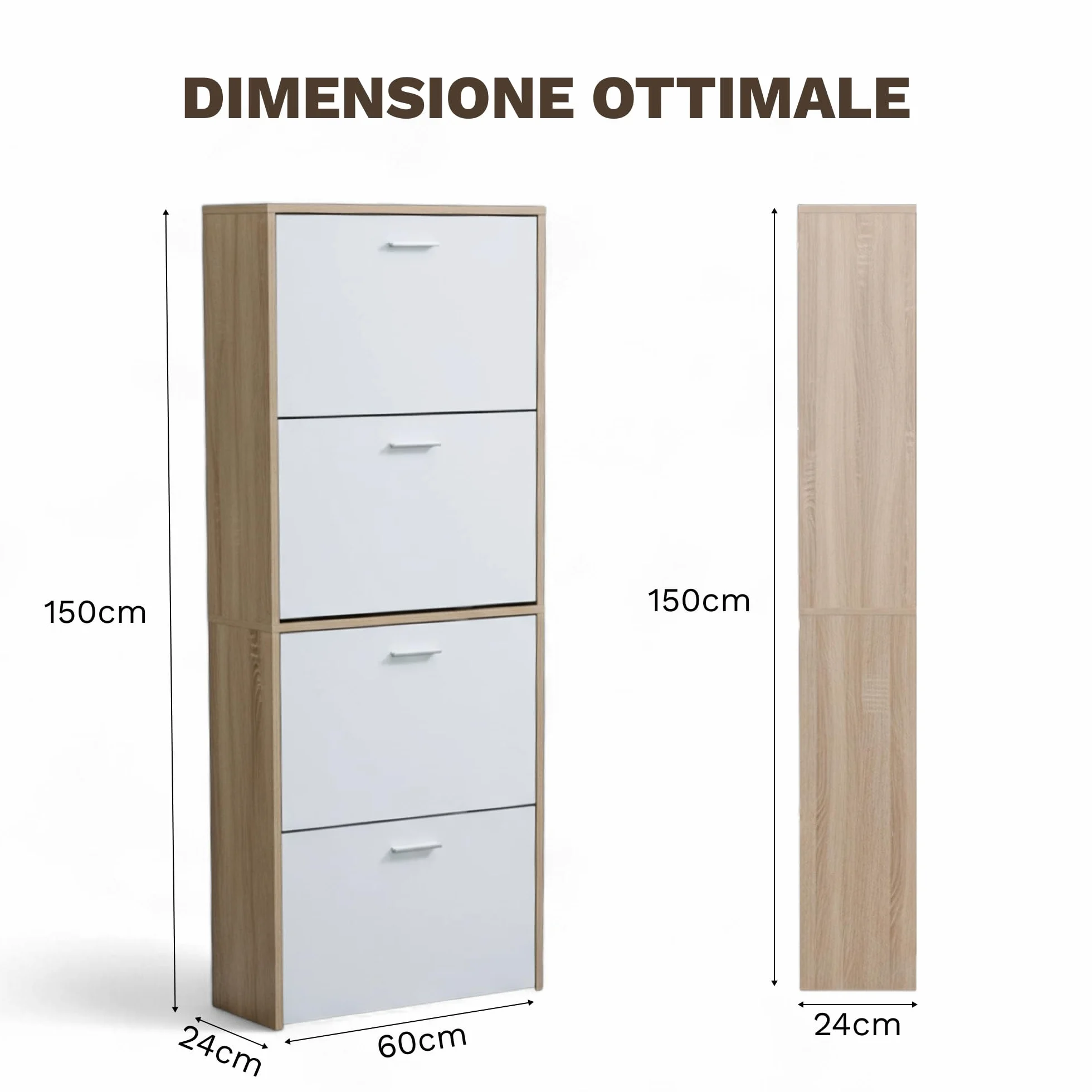 CATAVANA Scarpiera salvaspazio slim 60 cm in legno bianco, scarpiera da ingresso con 4 ante, scarpiera 24 paia, design moderno alto e stretto, ideale come portascarpe ingresso