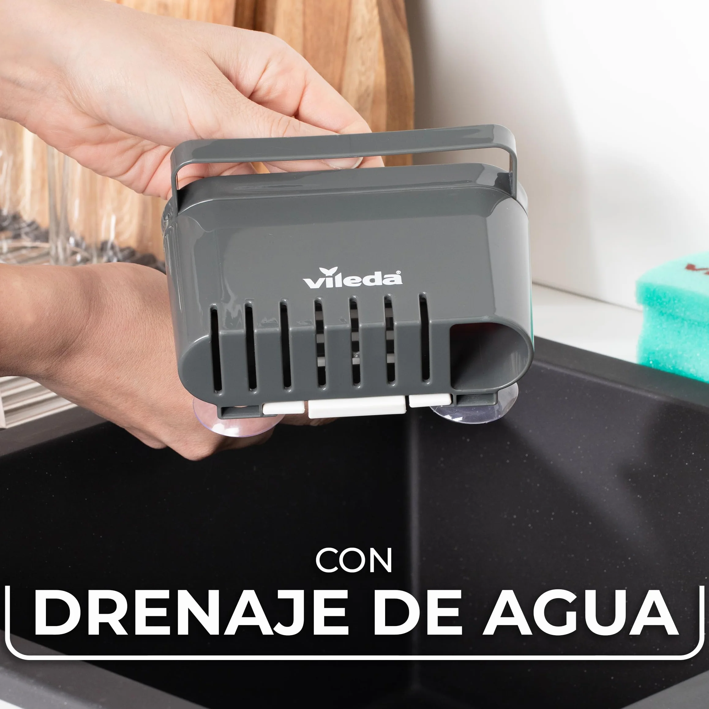 Vileda Portaspugna per Lavello con Ventosa Grigio Scuro – Organizer Lavandino Senza Foratura con Drenaggio Acqua