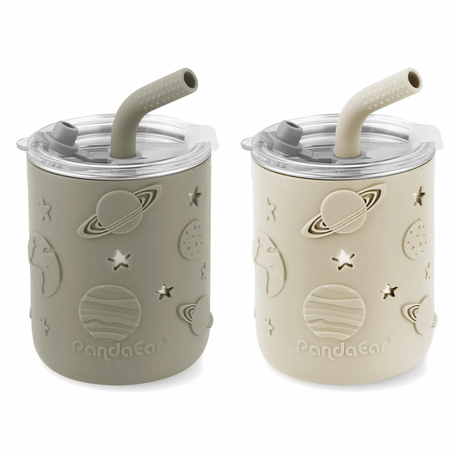 PandaEar Confezione da 2 Bicchieri in Acciaio Inox per Bambini con Coperchio e Manicotto in Silicone, Tazze Antigoccia da 260 ml con Cannuccia per Neonati e Neonate, Senza BPA (Beige & Khaki)
