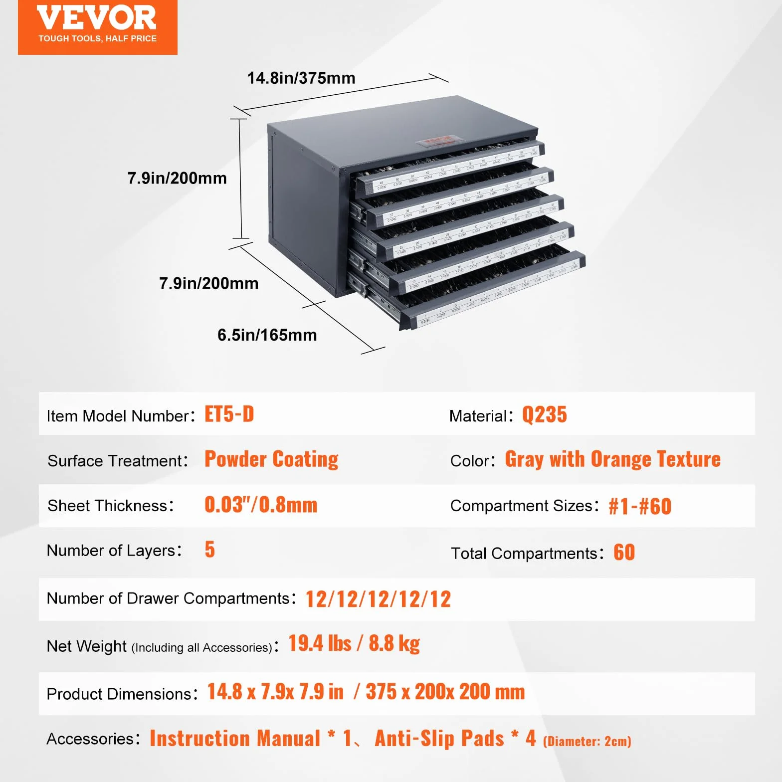 VEVOR Dispenser Cassetta per Punte da Trapano 60 Scomparti Etichettati #1-#60, Scatola per Punte da Trapano 5 Cassetti per Trapano 37,5x20x20 cm Impilabile Conservazione di Punte da Trapano Officina