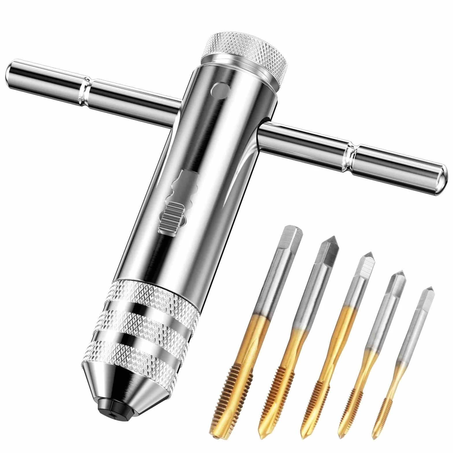 Set di Chiave a Cricchetto, 5 Pezzi Maschi per Filettatura M3/ M4/ M5/ M6/ M8 + 1 Pezzi Giramaschi a T, Filettatrice Manuale Regolabile, Maschi per Filettare con Rivestimento in Titanio