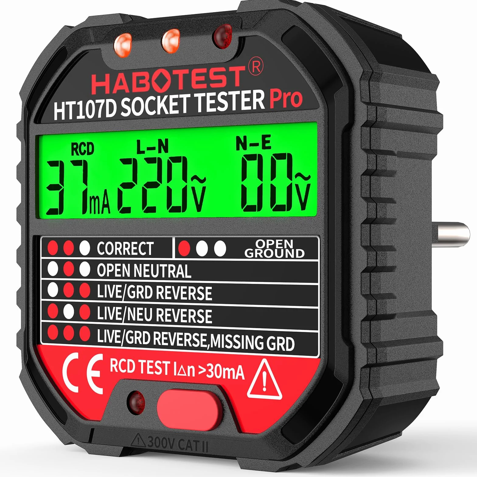 Tester de Prese, Tester per Circuiti Elettrici con Test RCD e Display LCD, Rilevatore Cavi Elettrici 6 tipi di Diagnosi dei Guasti, Visualizzazione tensione 90-250 V/CAT.II 300V (EU Plug)