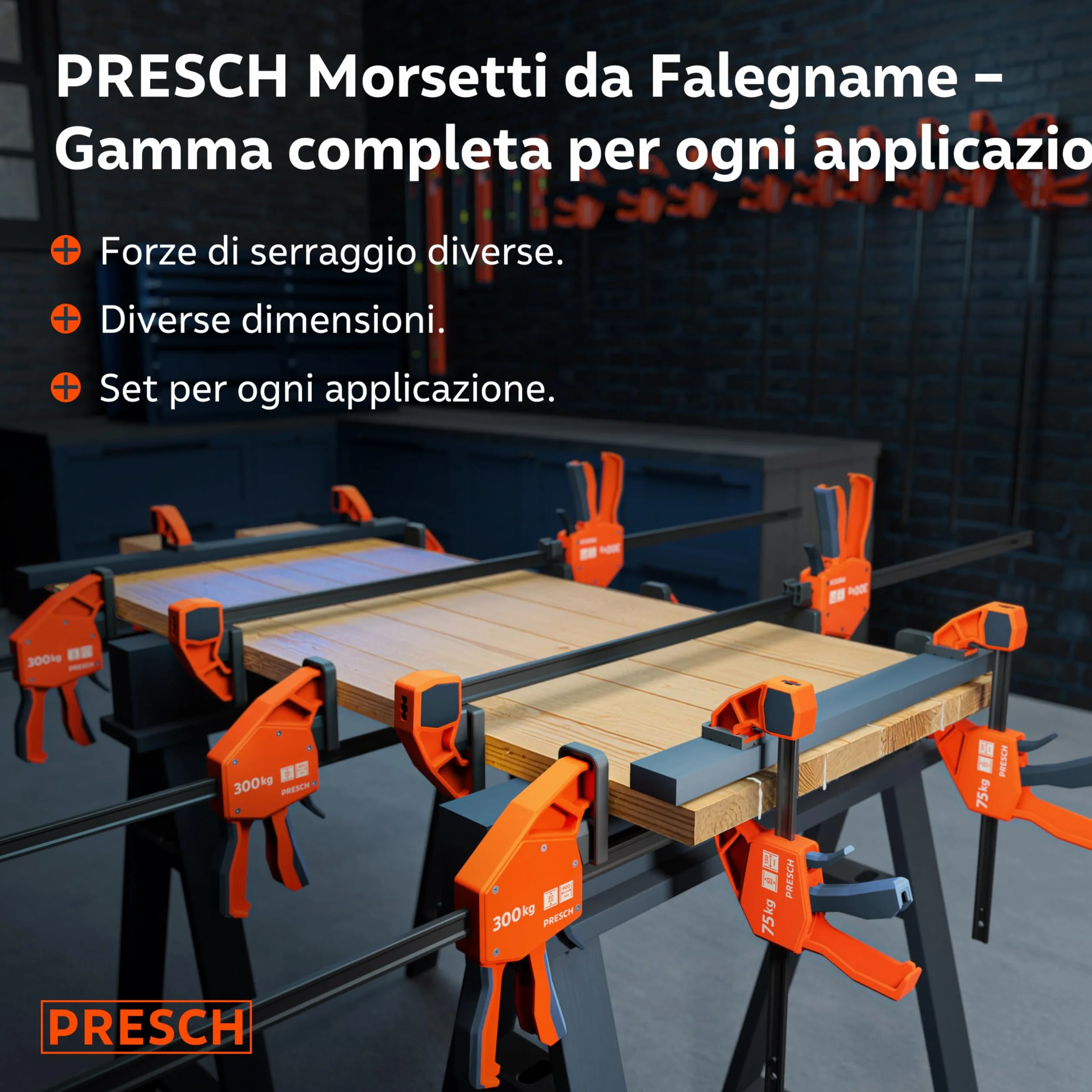 Presch Morsetti da falegname 300mm e 600mm 4 pz - Set di morsetti con forza di serraggio di 150 kg - Acciaio al carbonio e corpo rinforzato in fibra di vetro - Con funzione divaricazione
