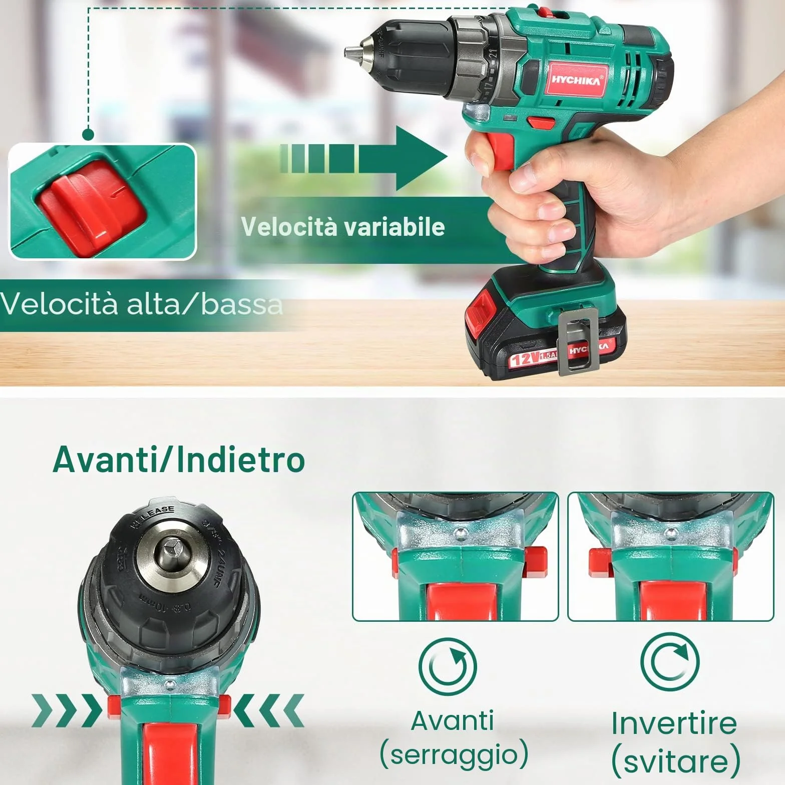 HYCHIKA Trapano Avvitatore Batteria 12V, Avvitatore a Batteria 30 Nm, 21+1 Impostazioni Di Coppia, 2 Velocità Regolabili, 26 Accessori, Luce LED, Adatto per il fai da te in casa e in giardino