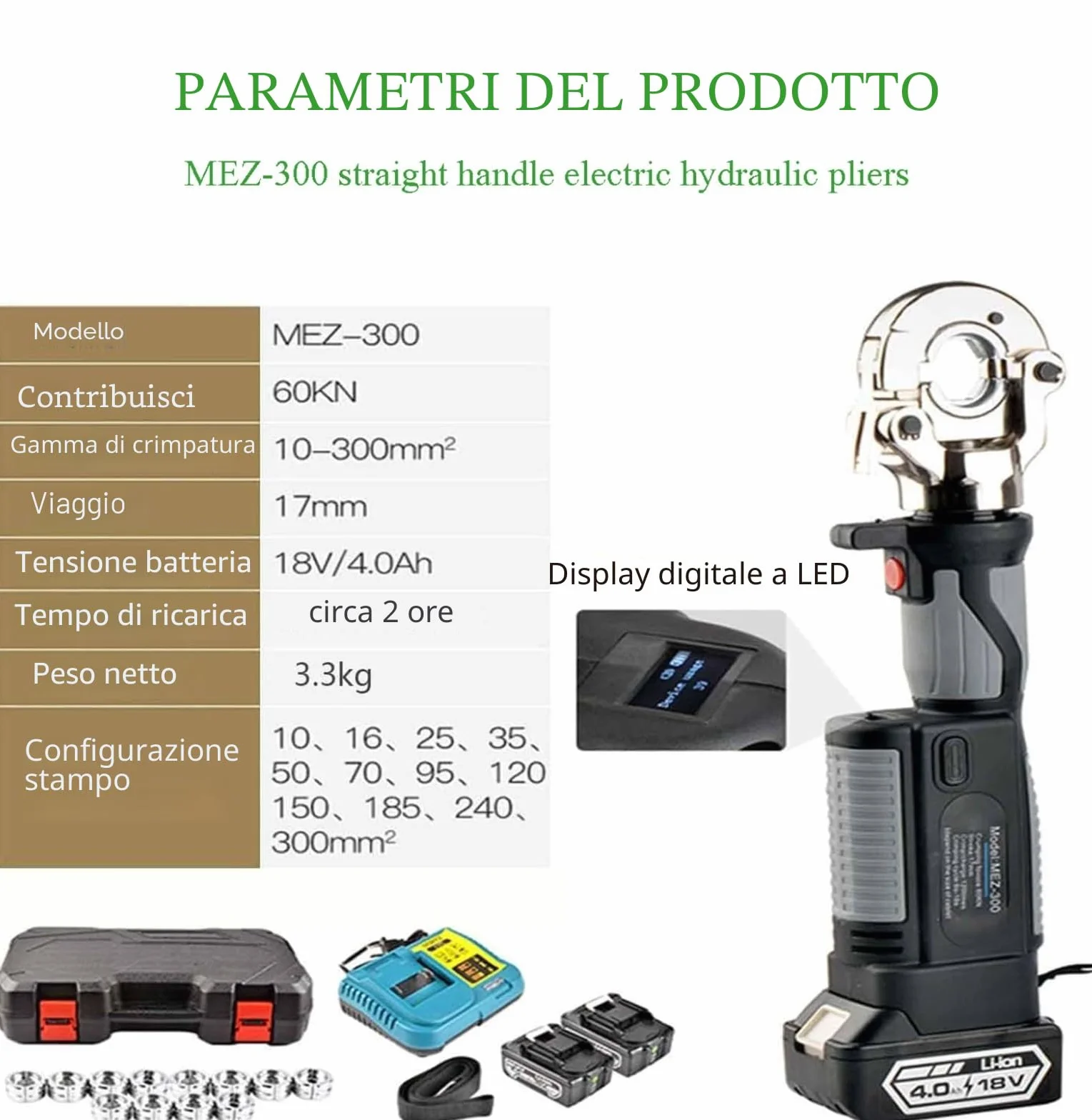 Pinza crimpatrice idraulica ricaricabile 10-300 m², elettrico idraulico 12 paia matrici, crimpatrice batteria rame alluminio, verde
