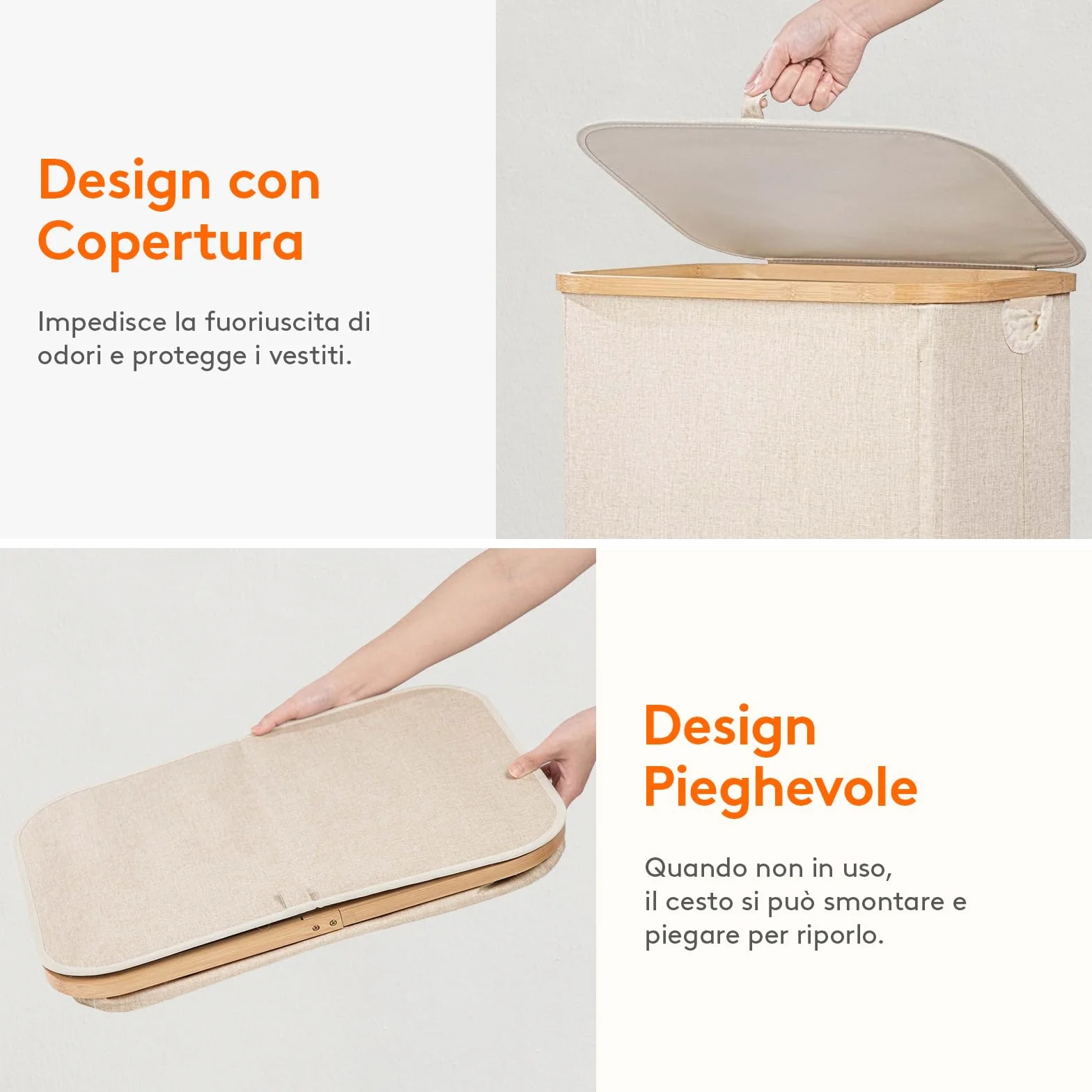 Lifewit Cesta Portabiancheria 100 L con Coperchio, Grande Cesto Biancheria Pieghevole in Bambù con Sacco Interno, Portabiancheria Salvaspazio, Laundry Basket per Camera da Letto, Bagno, Beige