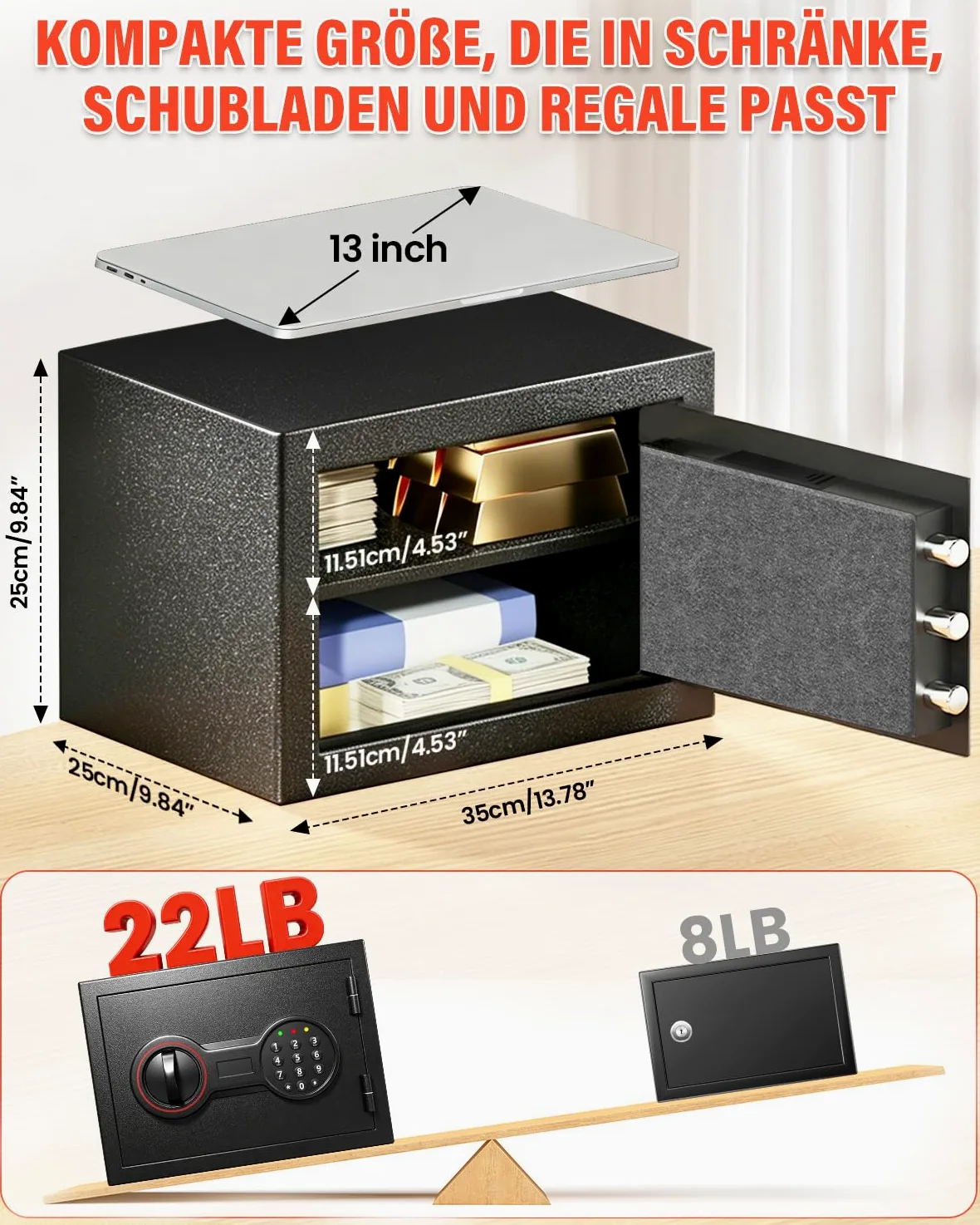 Cassaforte ignifuga per casa, mobile digitale con serratura a combinazione, sistema di allarme e ripiano rimovibile, piccola cassaforte per contanti, documenti importanti, 25 l