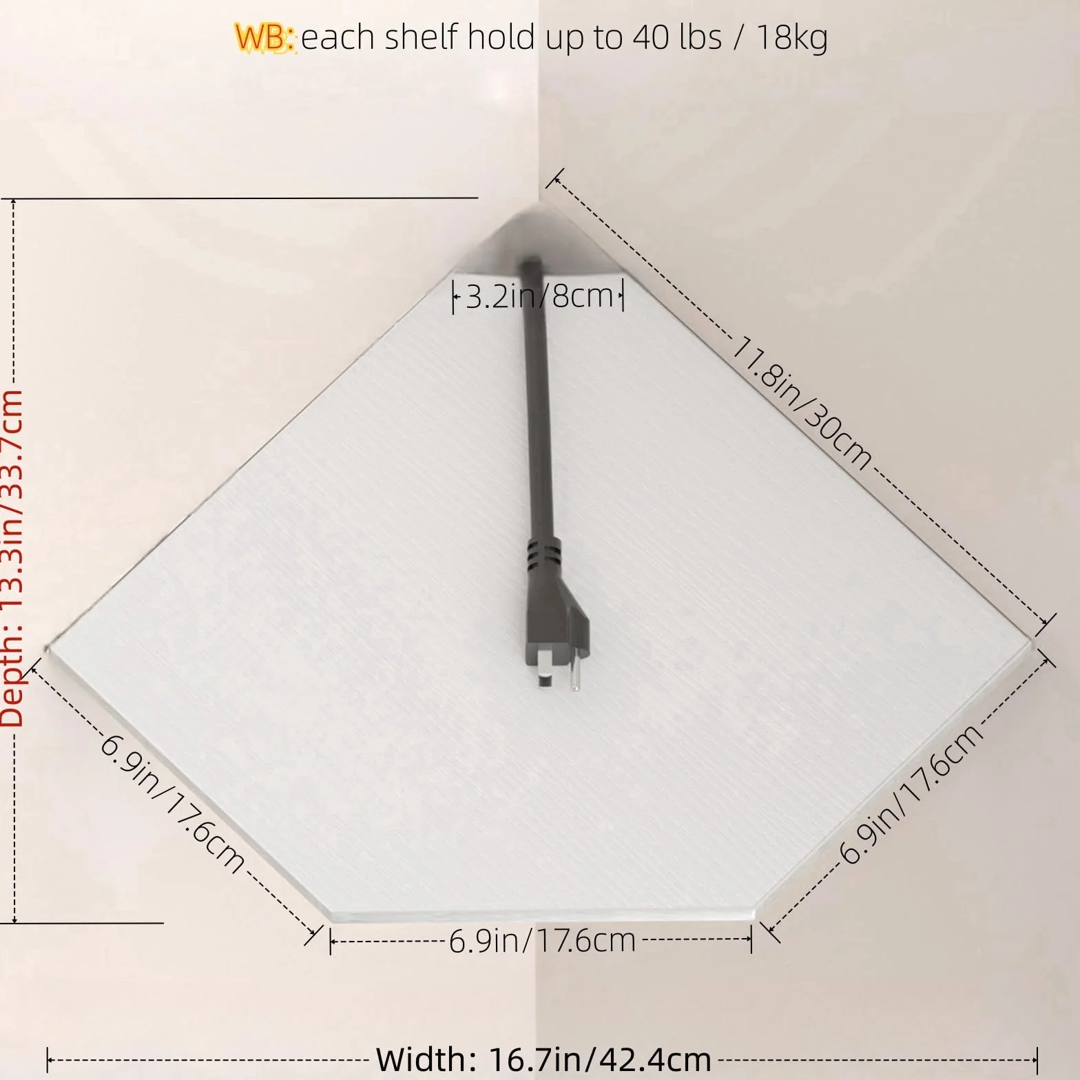 JJL Set di 2 Mensole Angolari da 30 cm, da Parete, con Foro per Filo, 33,7 cm di Profondità, Mensole da Parete per Decorazione Angolo Parete del Soggiorno, Bianco